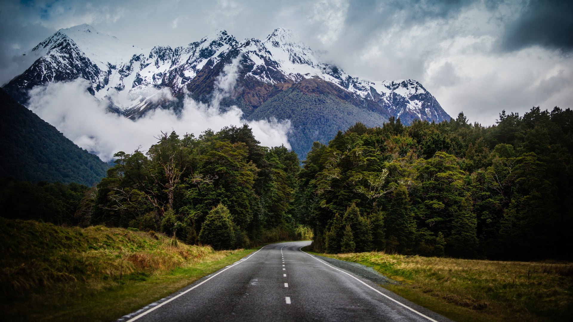 mountains, snowcapped mountain, New Zealand, nature, cloud - sky, landscape, tree, transportation, cold temperature, pine tree, capped, plant, the way forward, HD Wallpaper