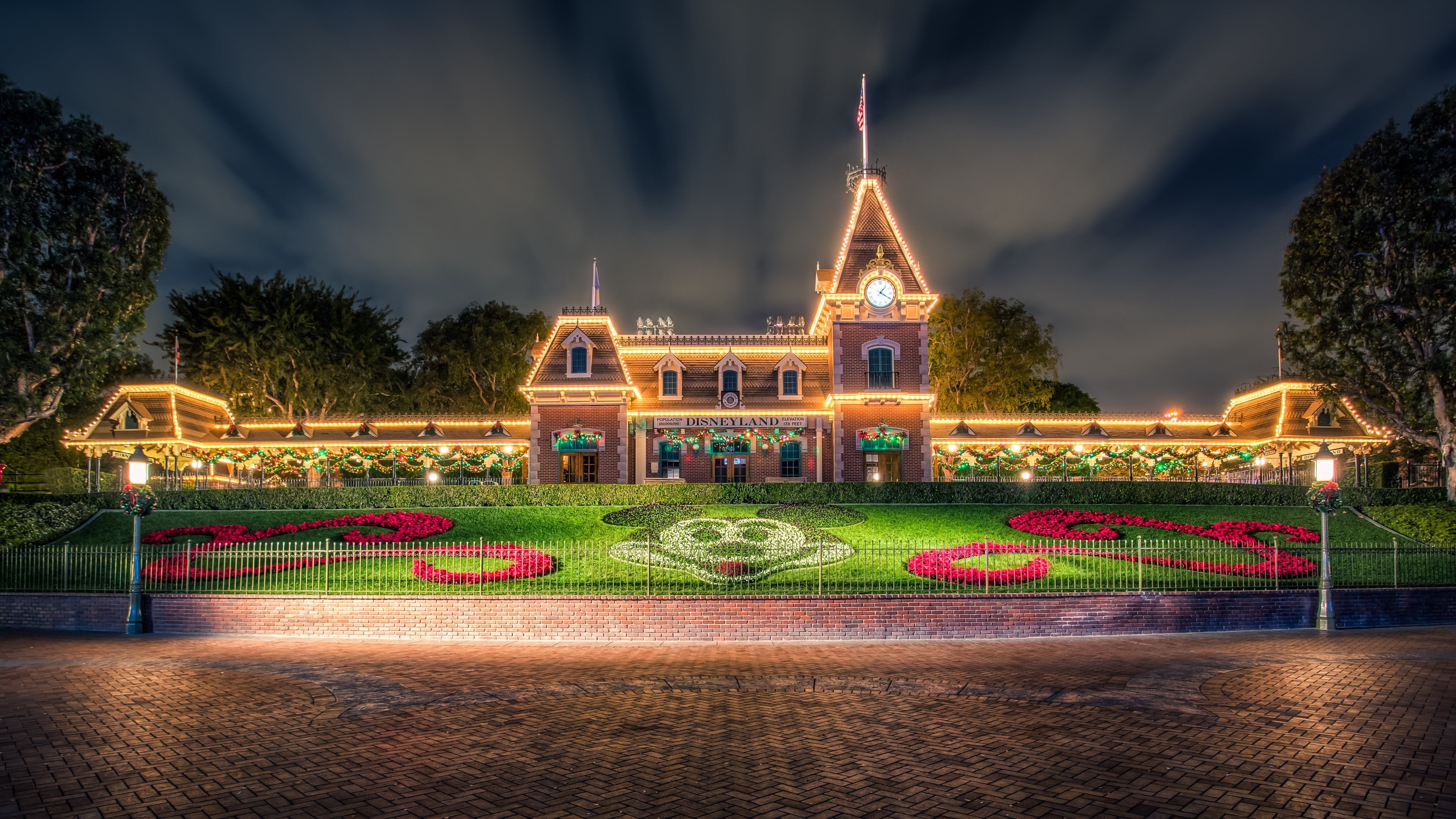 city, nature, main street station, sky, building, disneyland, cloud - sky, dusk, water, united states, anaheim, lighting, tree, no people, landmark, outdoors, HD Wallpaper