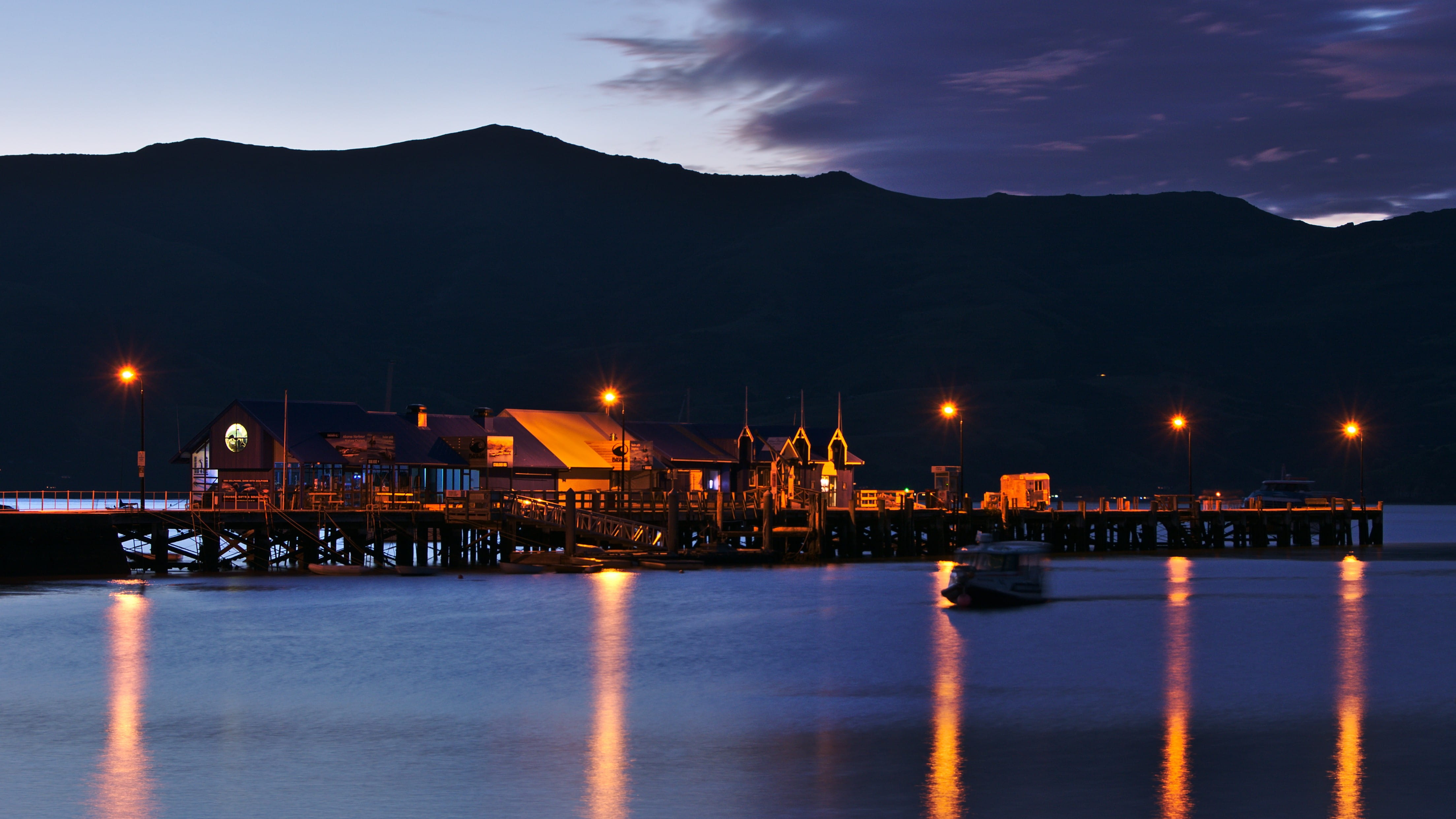 mountain, new zealand, banks peninsula, no people, nature, illuminated, boat, transportation, main wharf, night, sky, dusk, outdoors, built structure, akaroa, HD Wallpaper
