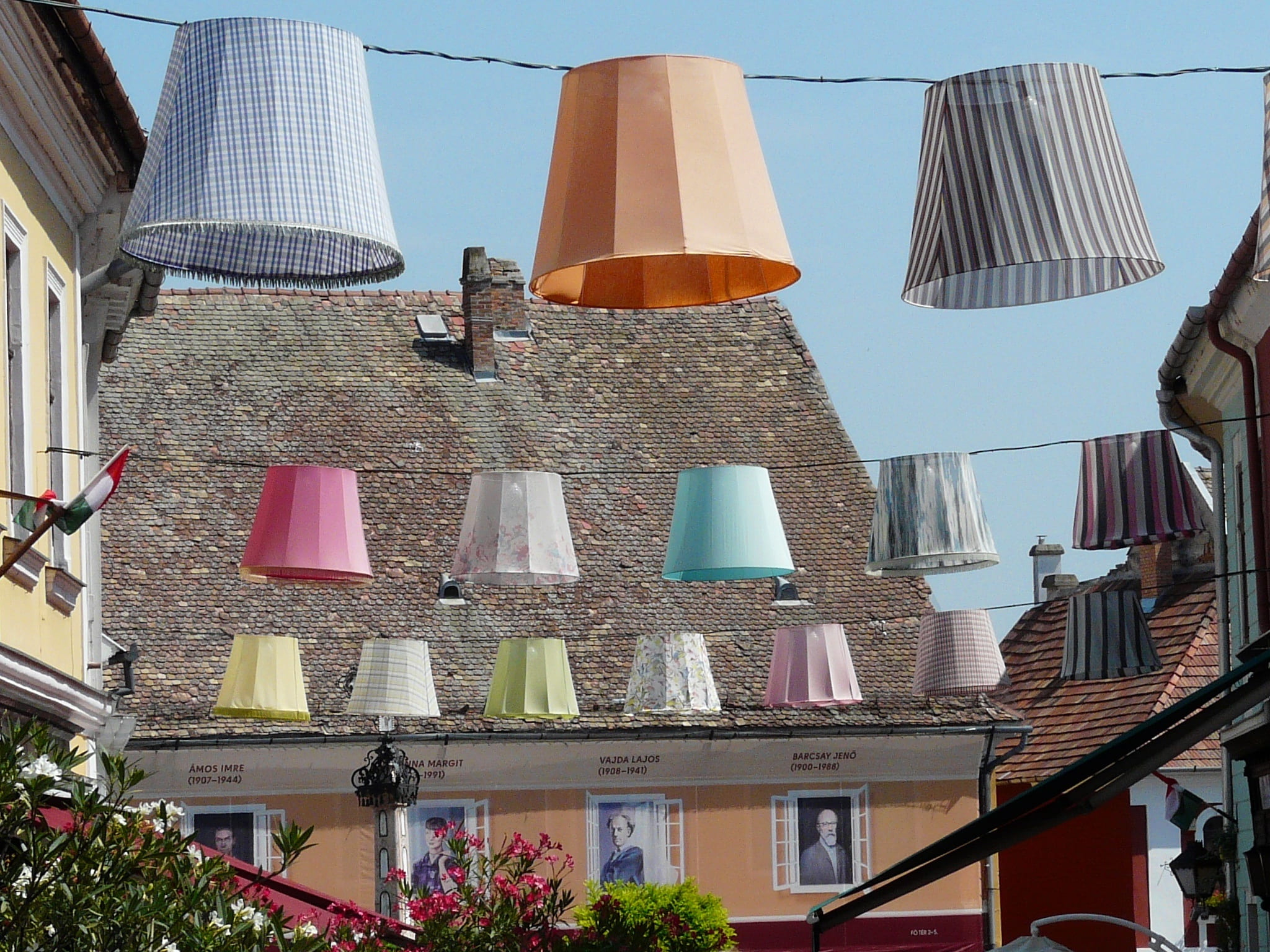 architecture, built structure, low angle view, blue sky, building exterior, multi colored, hungary, paper lantern, day, lighting equipment, no people, scenery, HD Wallpaper