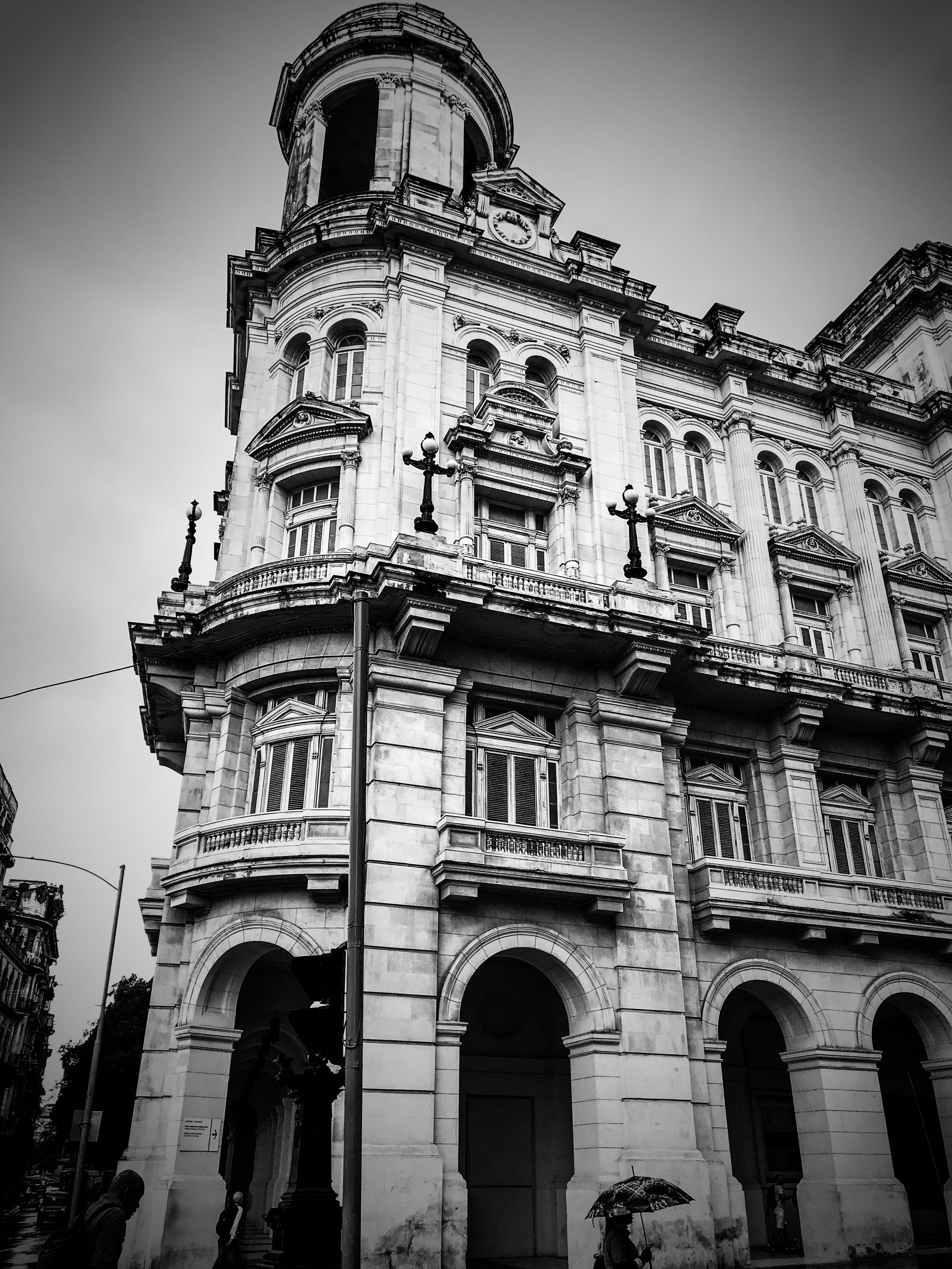 cuba, place of worship, no people, history, ornate, facade, havana, the past, window, outdoor, outdoors, building exterior, low angle view, 4K, grayscale, Phone HD Wallpaper