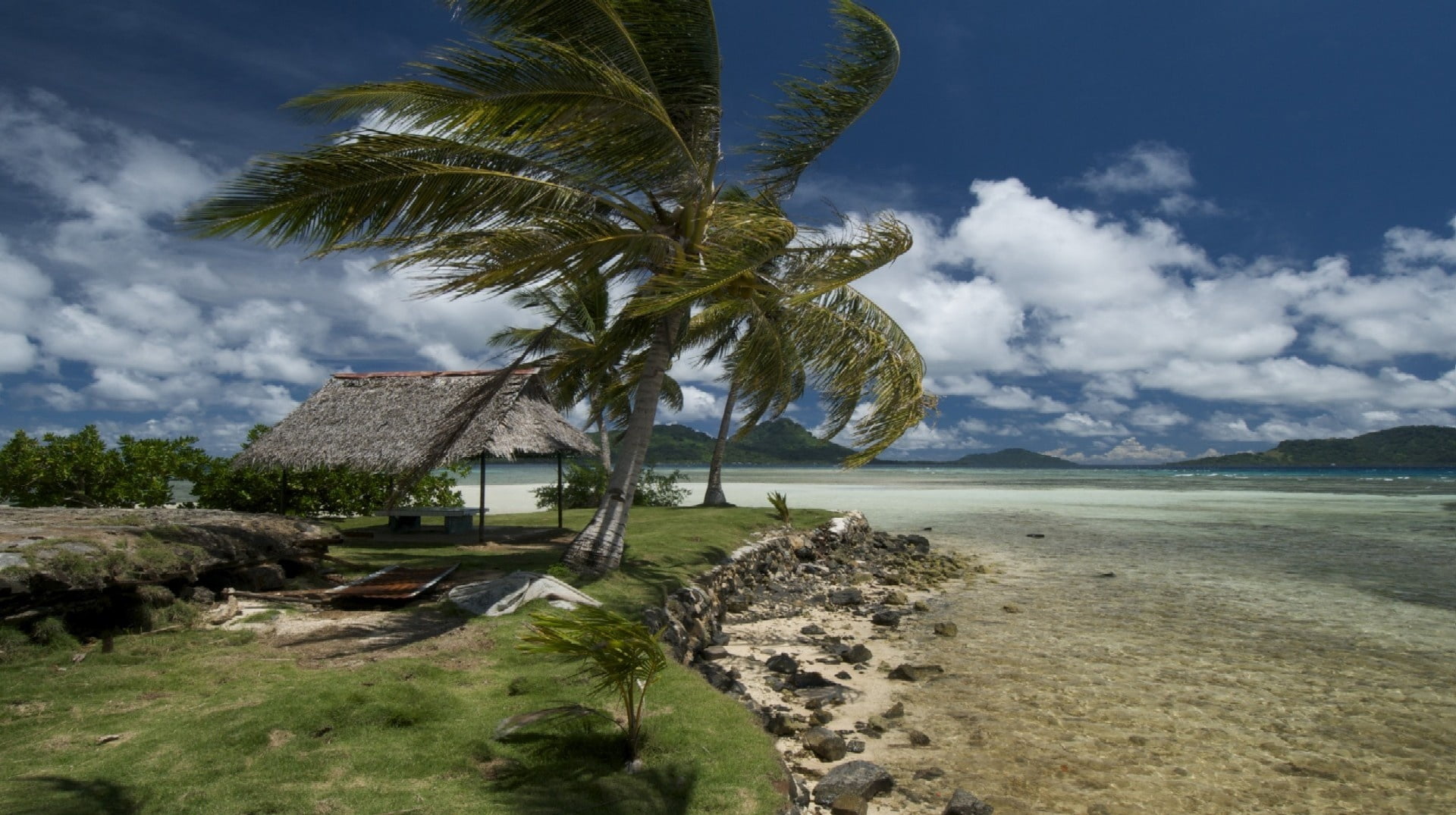 caribbean Sea, green Color, coast, sand, no People, scenics - nature, maldives, coconut Palm Tree, mountain, vacations, thatched Roof, seascape, environment, HD Wallpaper