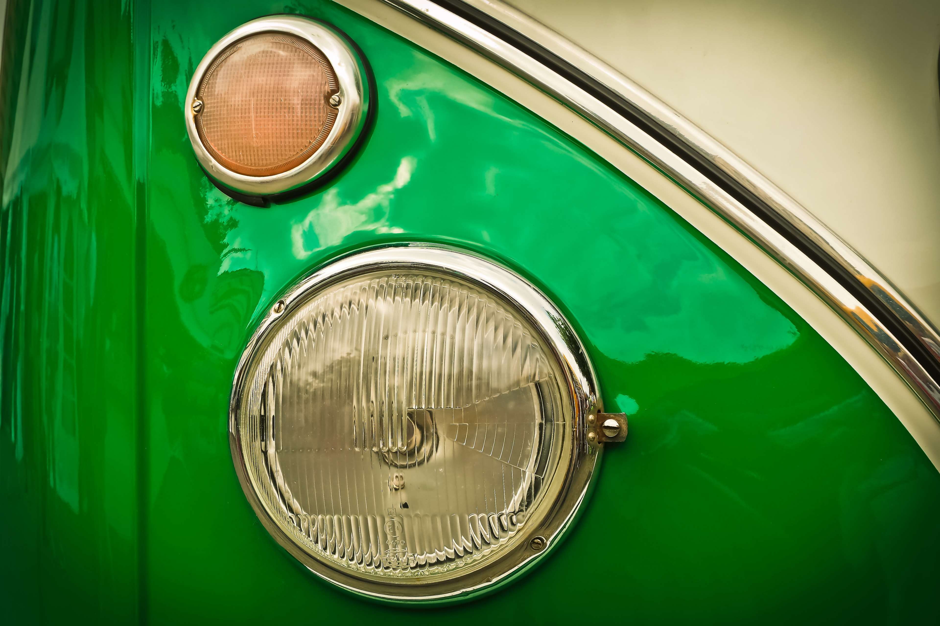 outdoors, spotlight, close-up, car, oldtimer, no people, auto, mode of transportation, vehicle, famous, hippie, day, cult, 4K, metal, shiny, blinker, vw bulli, HD Wallpaper