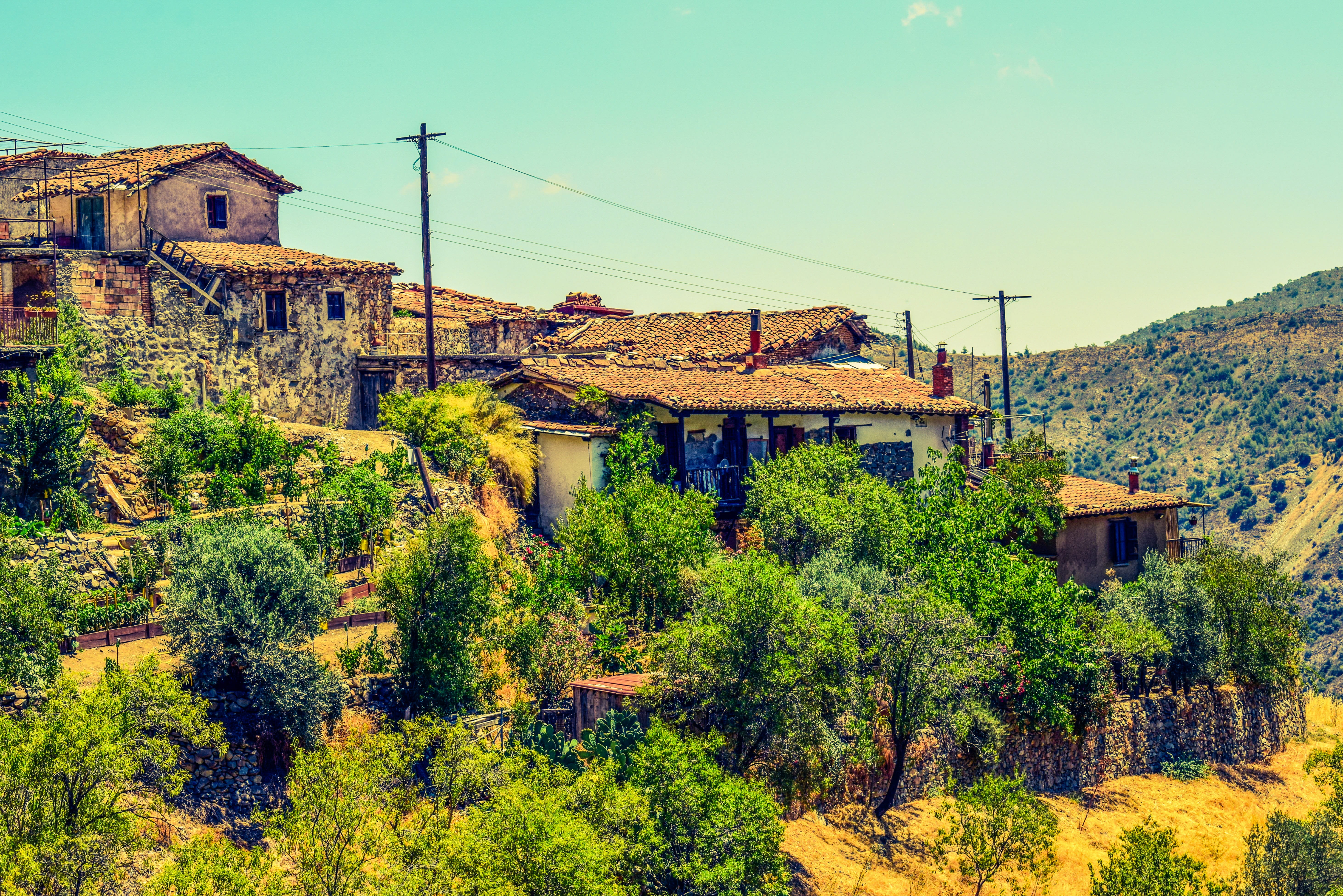 countryside, nature, green color, sky, outdoors, mountain, landscape, land, lazanias, mediterranean, troodhos, cable, building, tree, old, house, residential district, HD Wallpaper