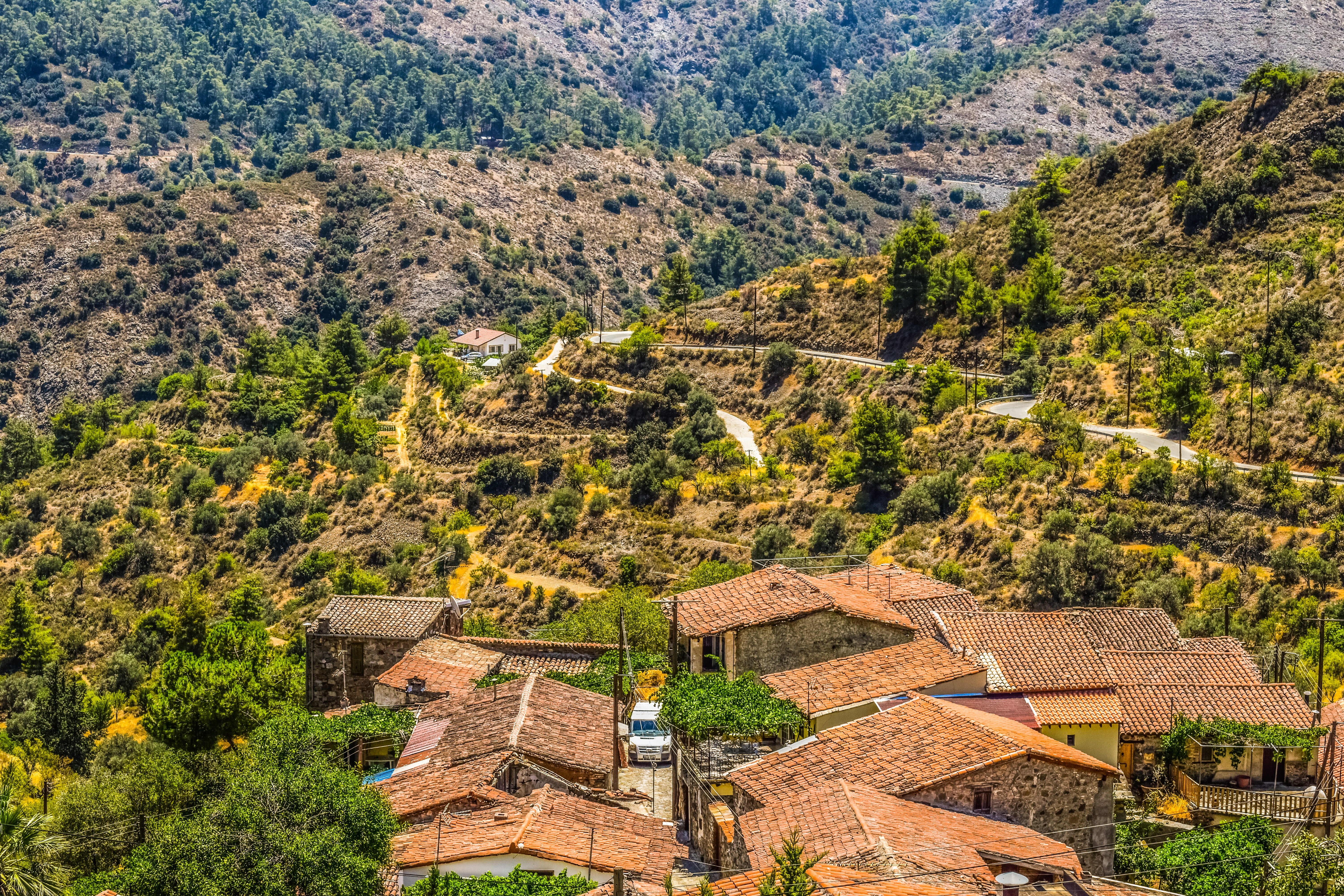 tranquility, mountain, roofs, beauty in nature, 5K, nature, growth, lazanias, nicosia district, landscape, tree, traditional, day, green color, scenery, HD Wallpaper