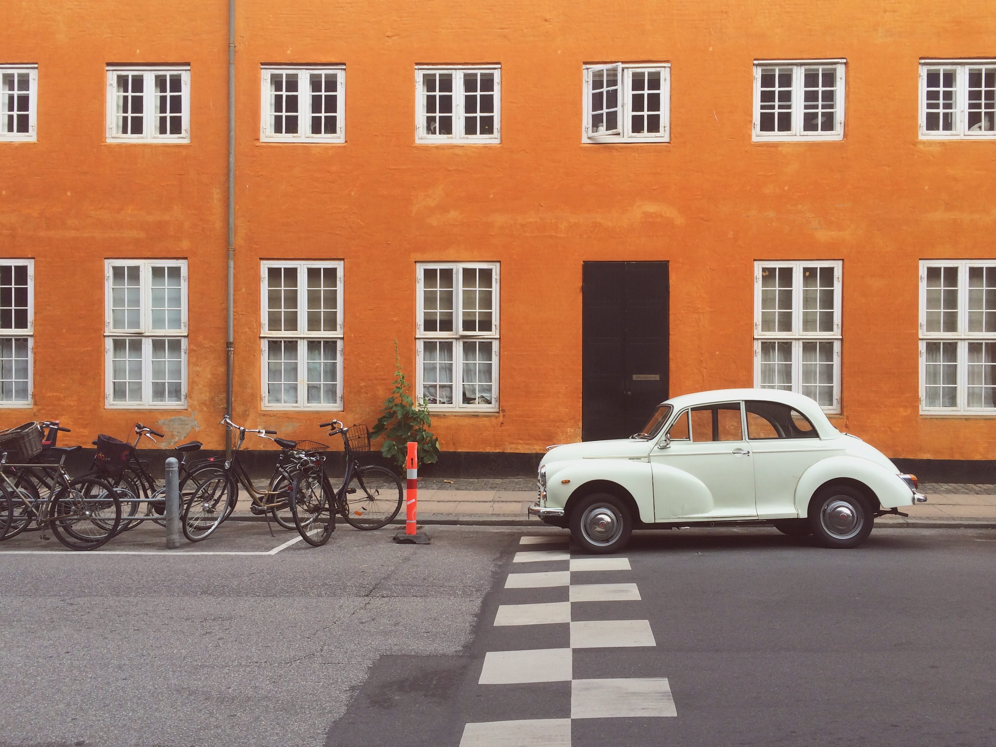 orange, city, building exterior, building, spoke, machine, home decor, zebra crossing, vehicle, bicycle, denmark, tarmac, outdoors, orange color, 2K, architecture, HD Wallpaper