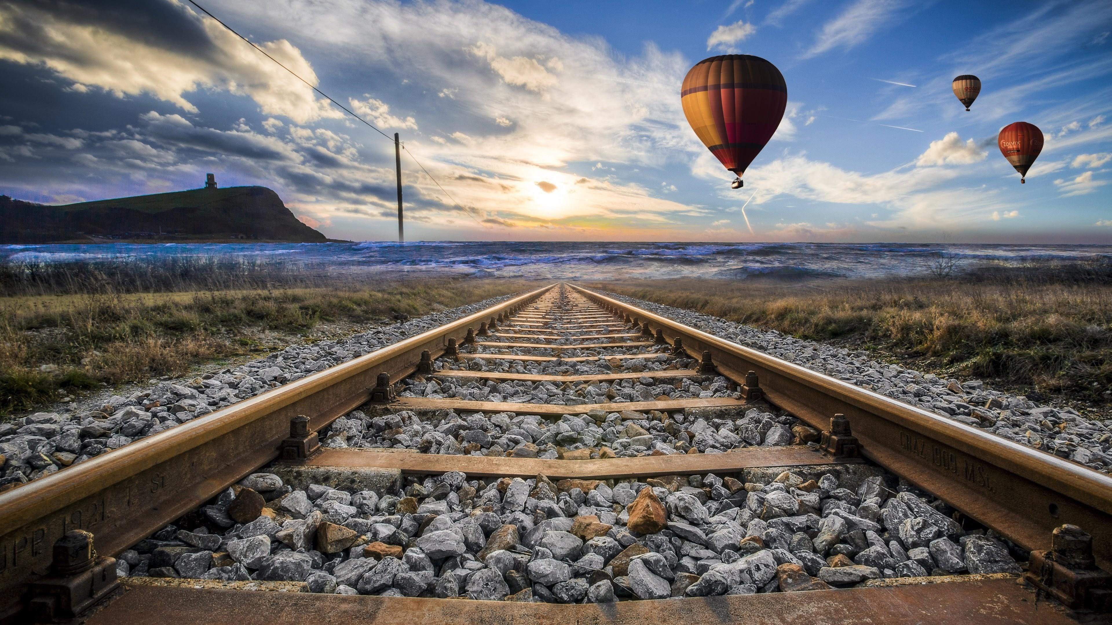 train tracks, sky, water, sport, 4K, lines, tracks, air balloon, outdoors, landscape, HD Wallpaper