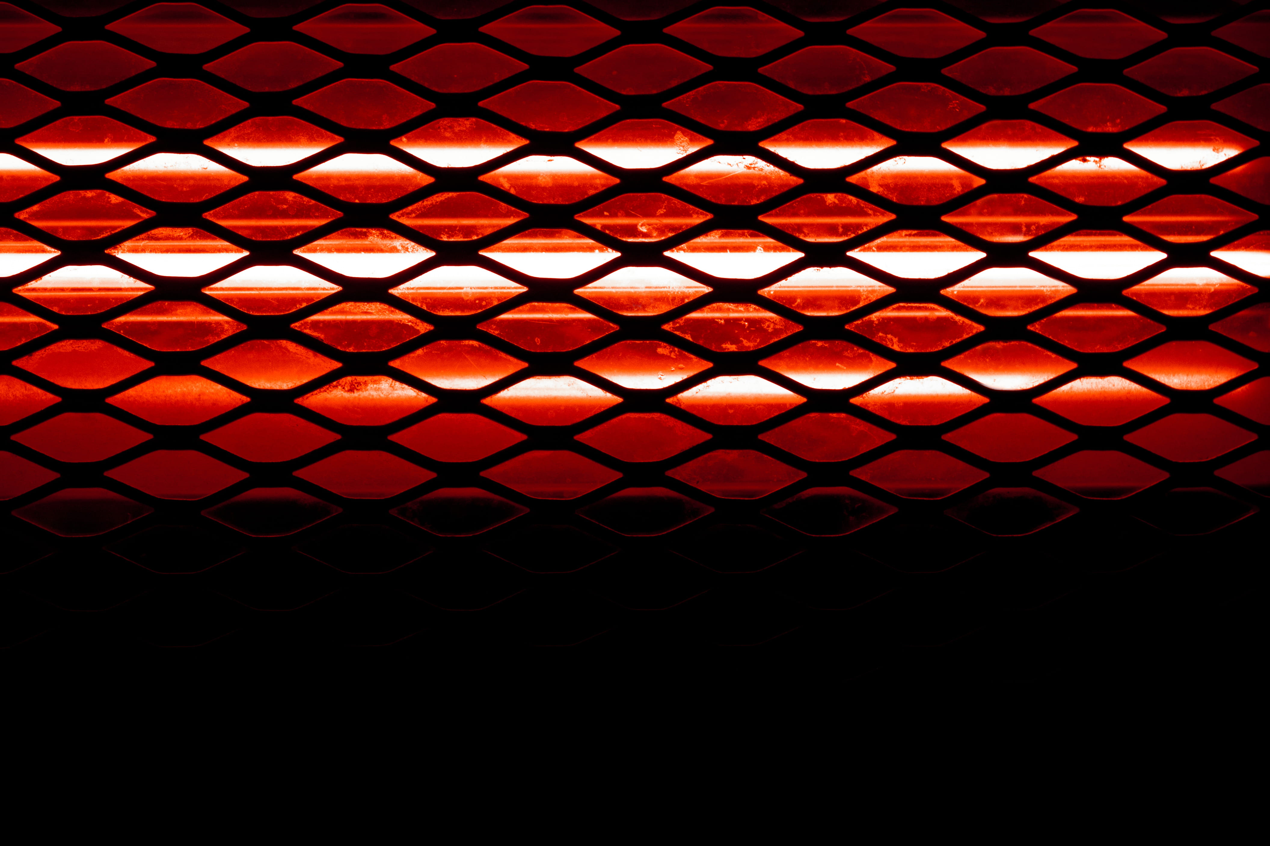 illuminated, design, pattern, black background, bulb, grill, flourescent, red, security, light, dark, grid, full frame, repetition, nightlife, 4K, tube, HD Wallpaper