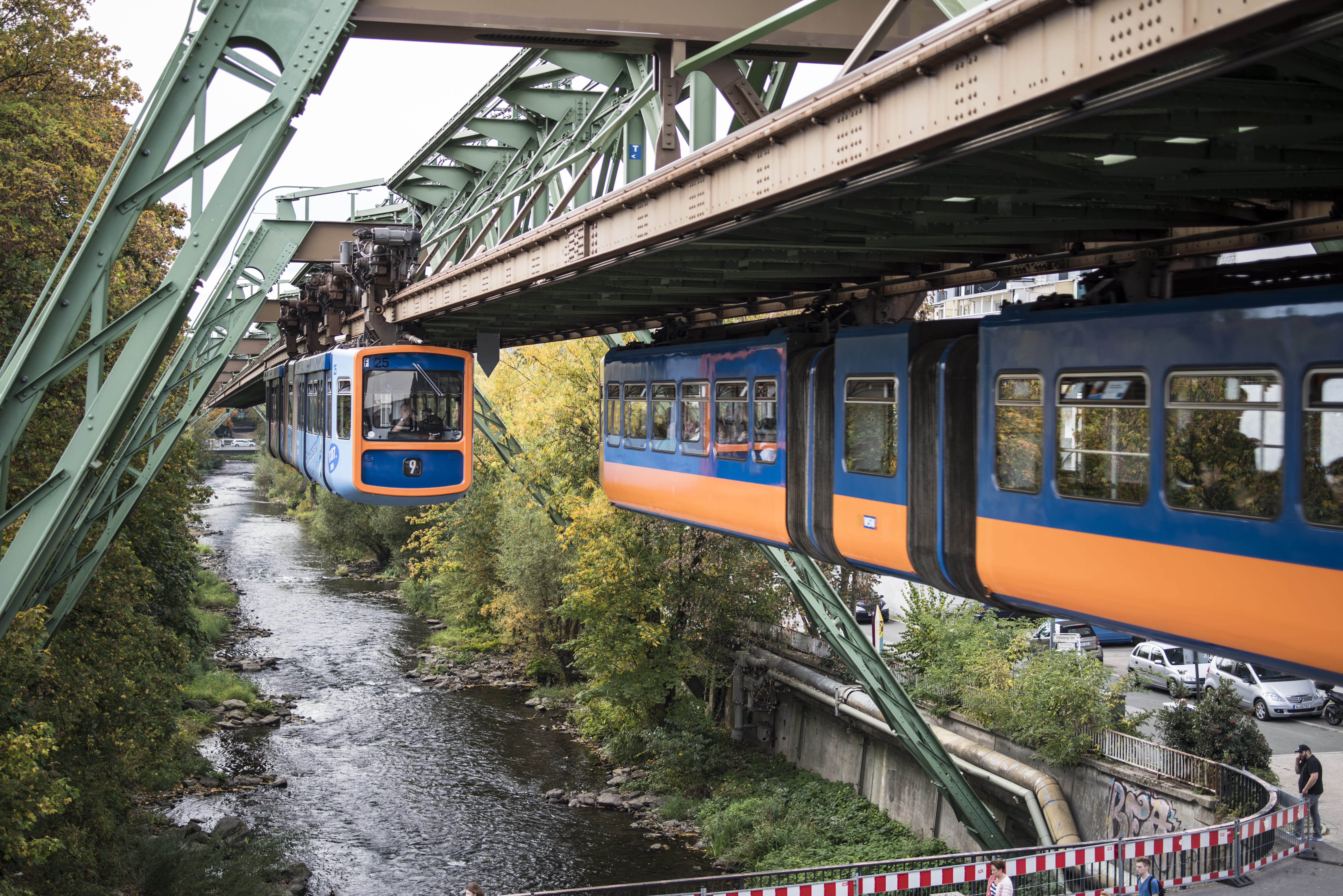 train, track, architecture, wuppertal, train - vehicle, transportation, railroad car, nature, blue-orange, no people, schwebebahn, oberbarmen, public transportation, HD Wallpaper