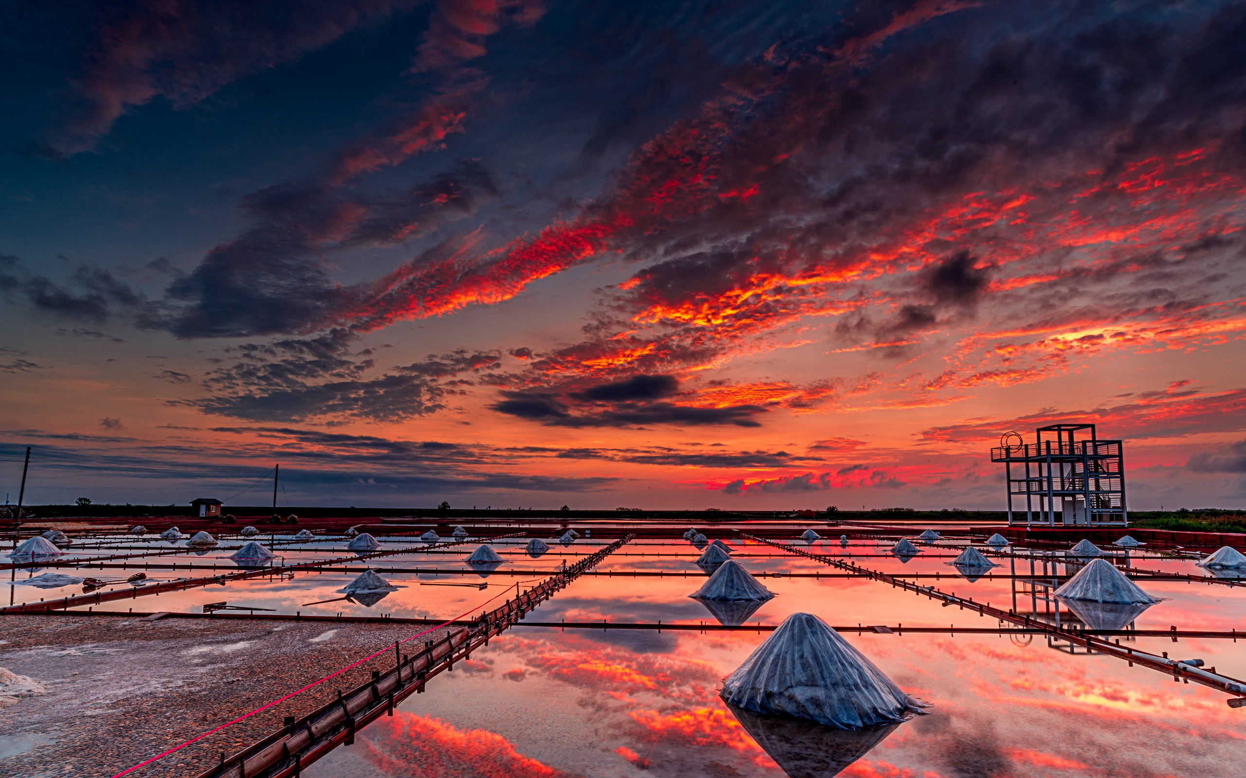 no people, outdoors, tranquility, gray, sun, dusk, water, salt - mineral, cloudscape, steel, sunrise - Dawn, industry, reflection, metal, sunset at jingzaijiao, HD Wallpaper