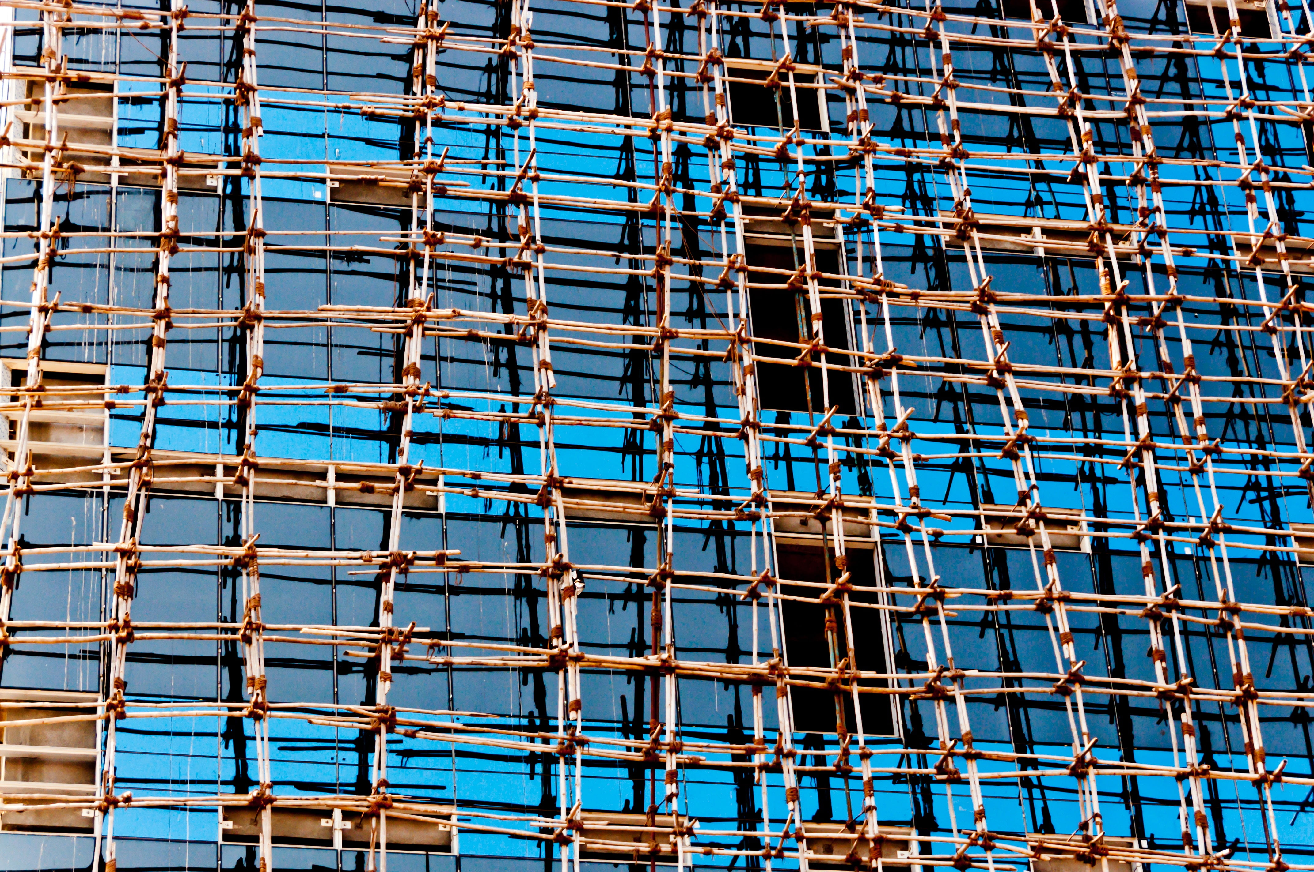 blue, sky, business, 4K, home Ownership, steel, grid, scaffolding, facade, full frame, day, structure, mesh, window, tall - High, housing Development, HD Wallpaper