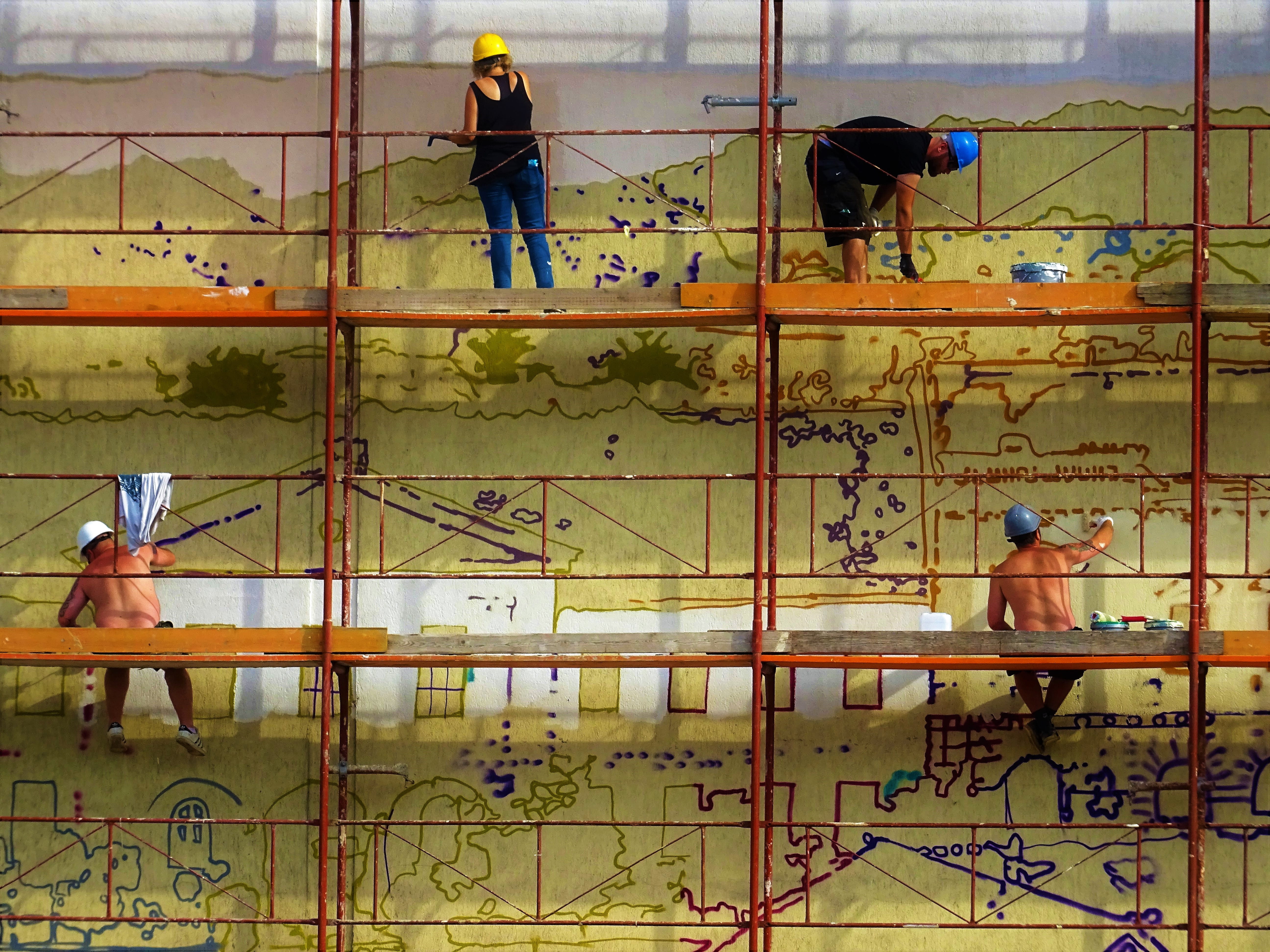 working, painting, men, effort, leisure activity, number, indoors, adult, high angle view, four, day, scaffolding, lifestyles, street art, sport, real people, HD Wallpaper