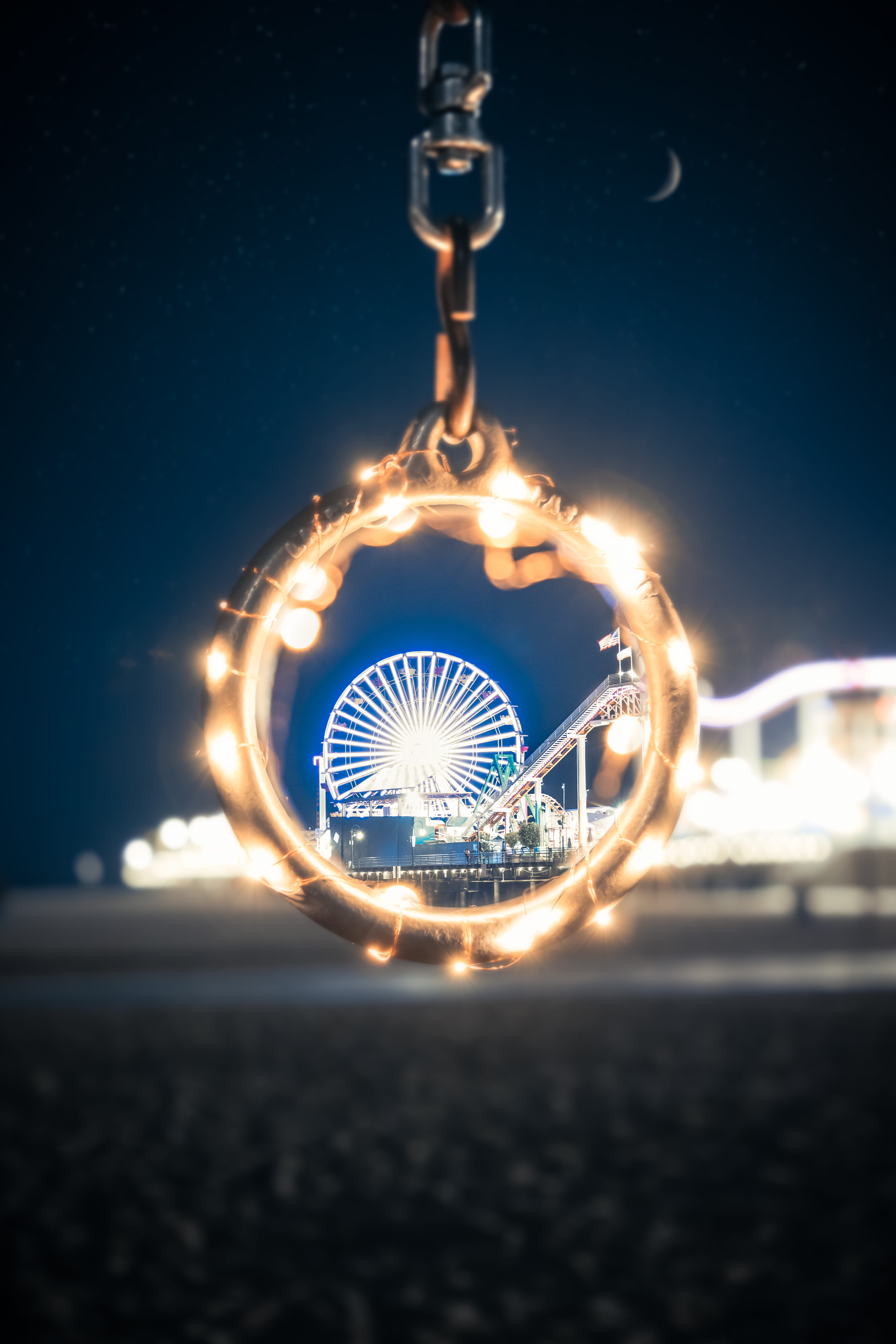 hubcap, santa monica pier, united states of america, 5K, shape, glowing, urban, ferris wheel, outdoors, wire wool, celebration, lighting equipment, motion, Phone HD Wallpaper
