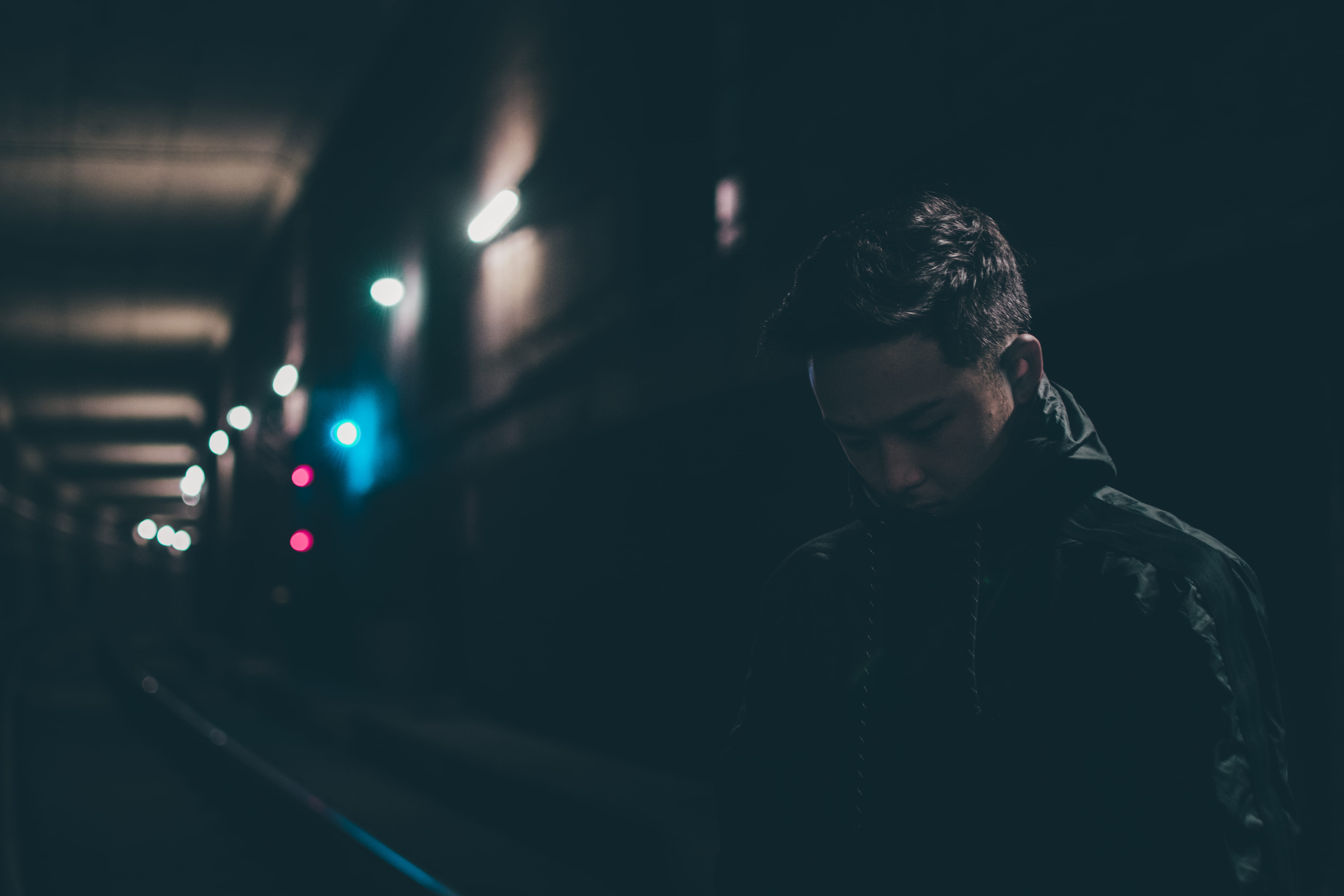 adult, city, model, one person, railroad, street, male, young adult, inside, portrait, looking down, black, metro, man, looking, photo, dark, subway, close, HD Wallpaper