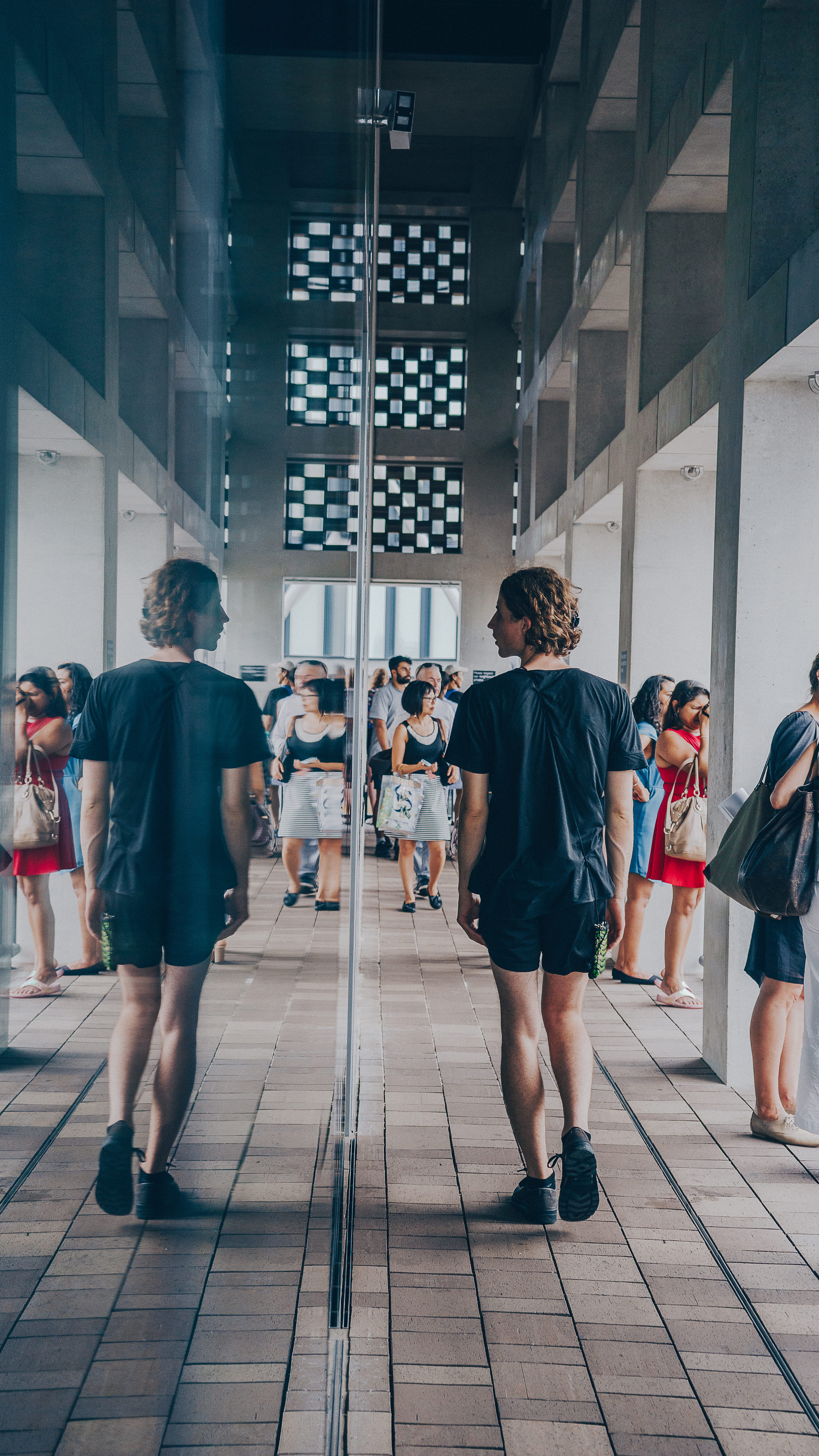 tile, architecture, mirror, real people, street photography, city, day, people, women, tiled floor, standing, face, 5K, summer, building, walking, flooring, Phone HD Wallpaper