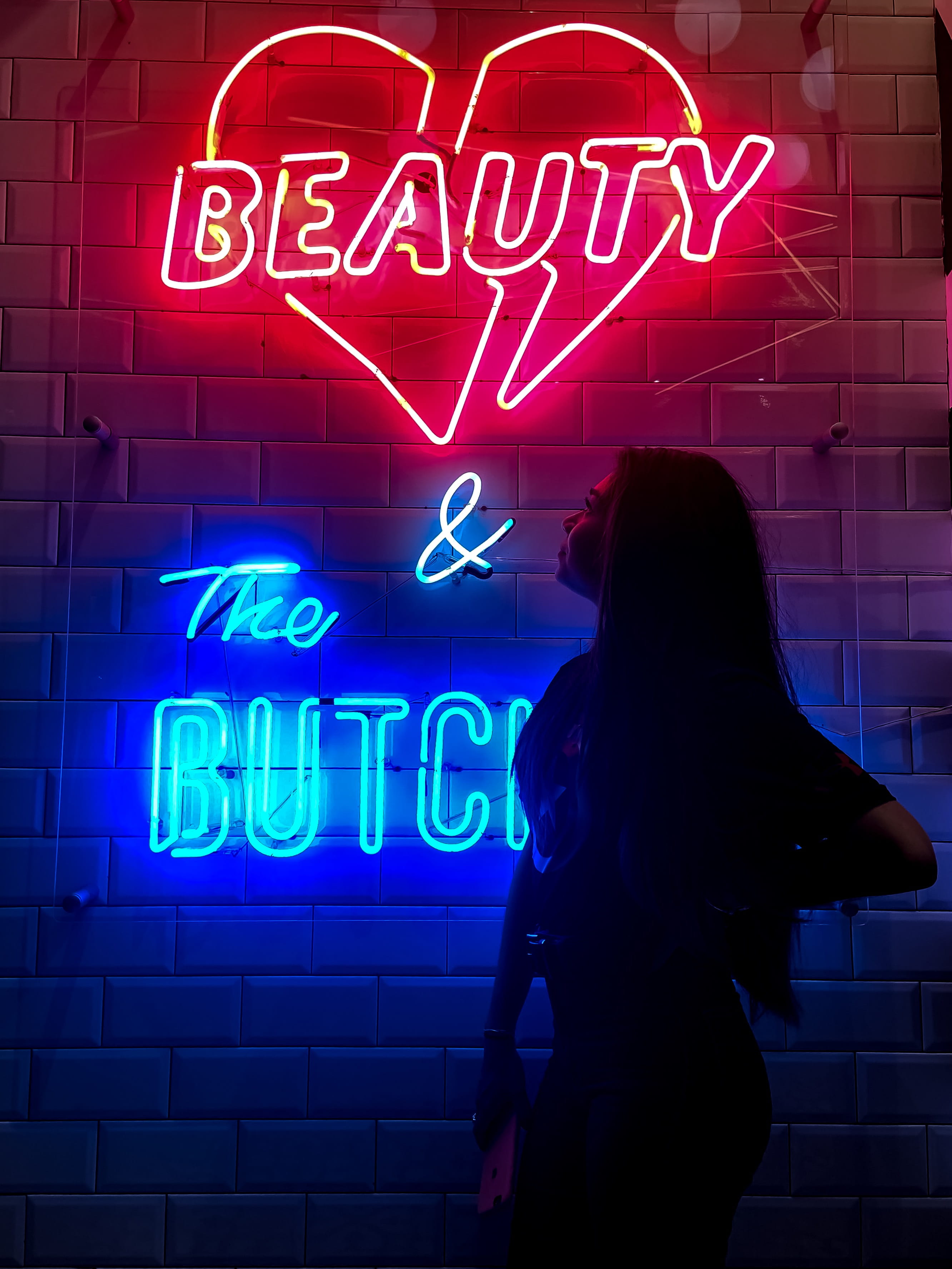 design, sign, neon, blue, dark, lighting equipment, standing, art, bright, colorful, woman, night, technology, near, graphic, business, communication, conceptual, Phone HD Wallpaper