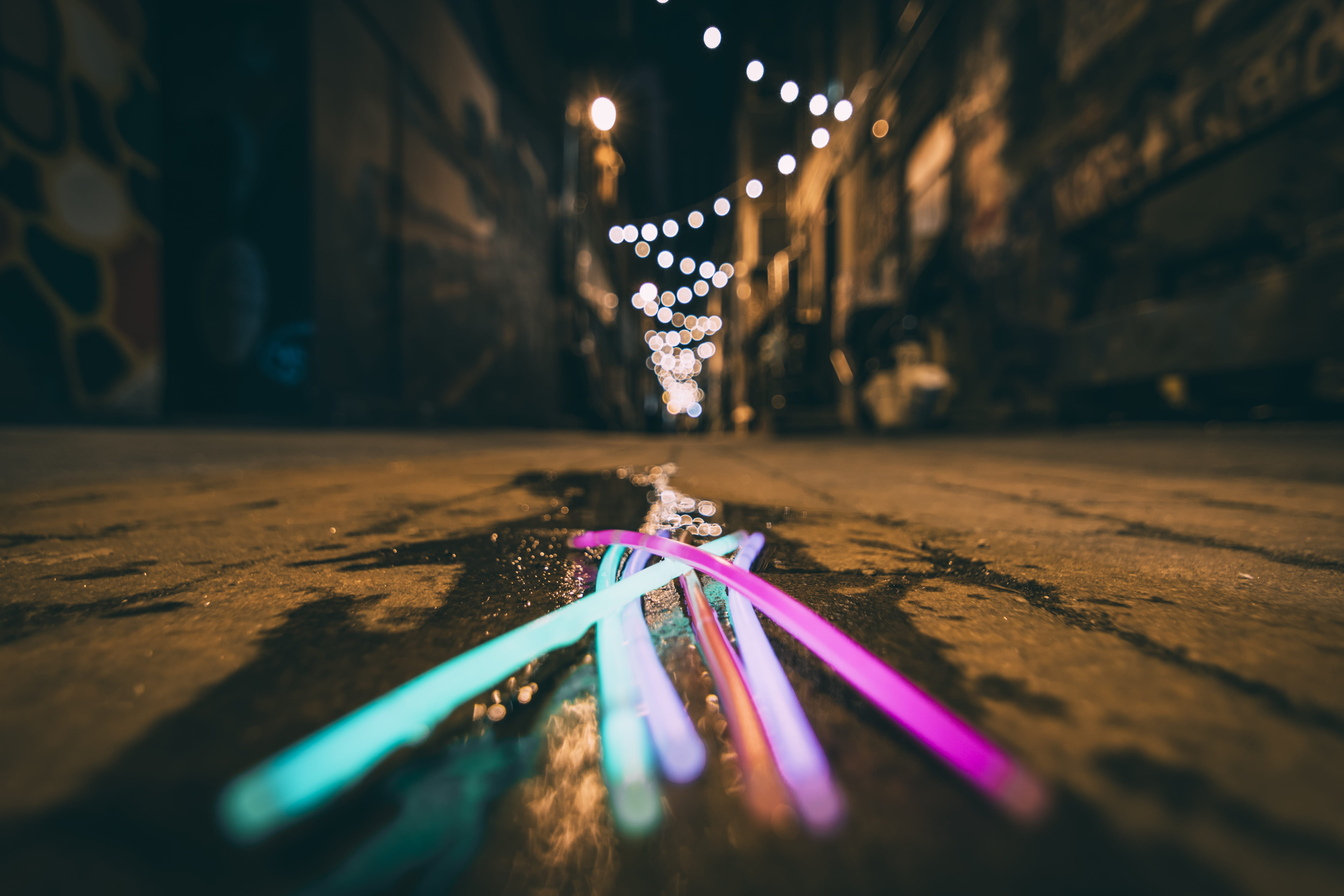 alley, close-up, street, light reflections, water, no people, illuminated, long exposure, christmas lights, christmas, sticks, dark, night, long, tree, HD Wallpaper
