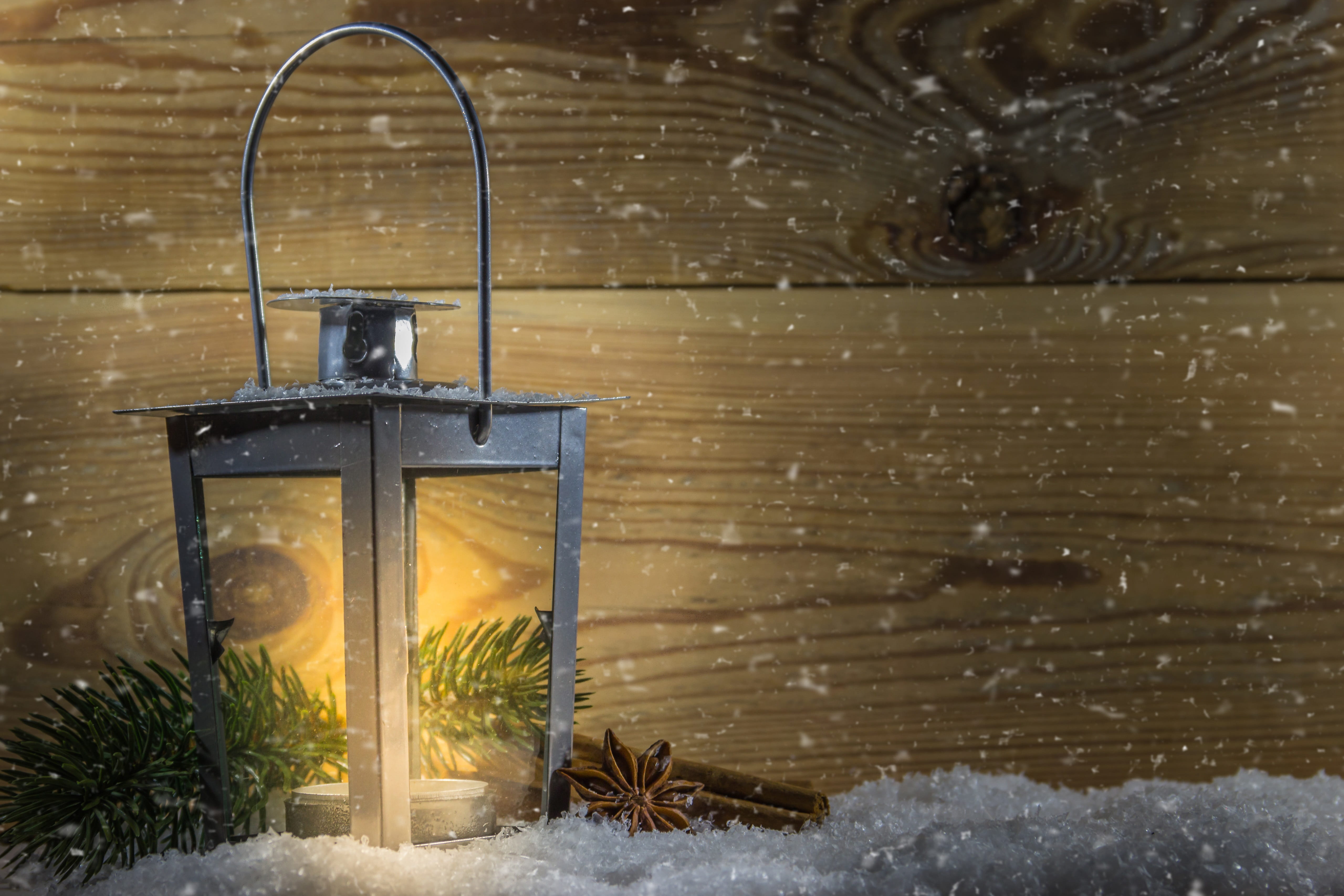 winter, lighting equipment, no people, glow, wall - building feature, decoration, nature, cold temperature, tree, snowing, 4K, cinnamon stick, star anise, HD Wallpaper