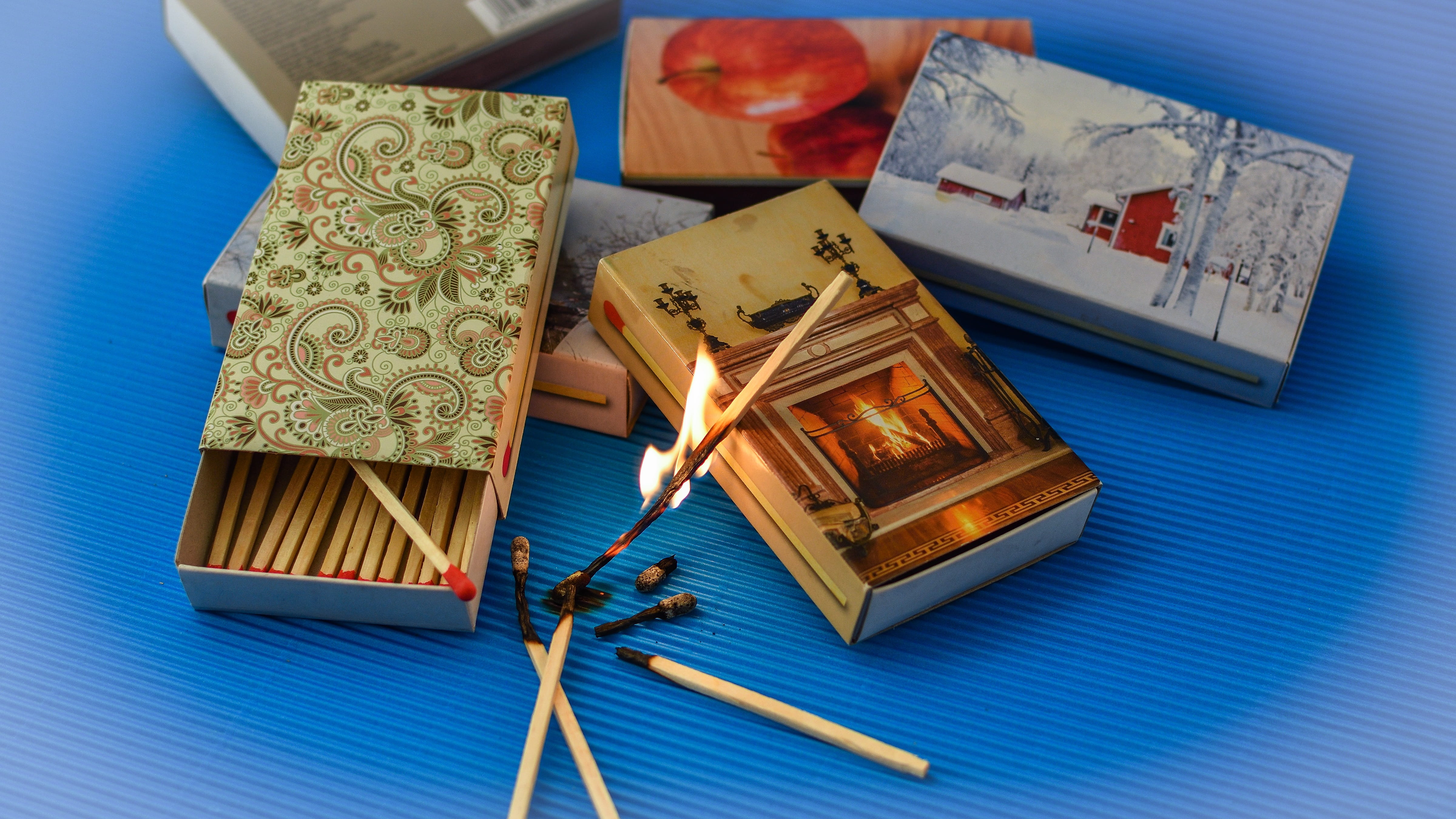 still life, blue, match, macro, burned down, 4K, matchbox, wood - material, art and craft, craft, high angle view, architecture, burn, publication, burns, HD Wallpaper