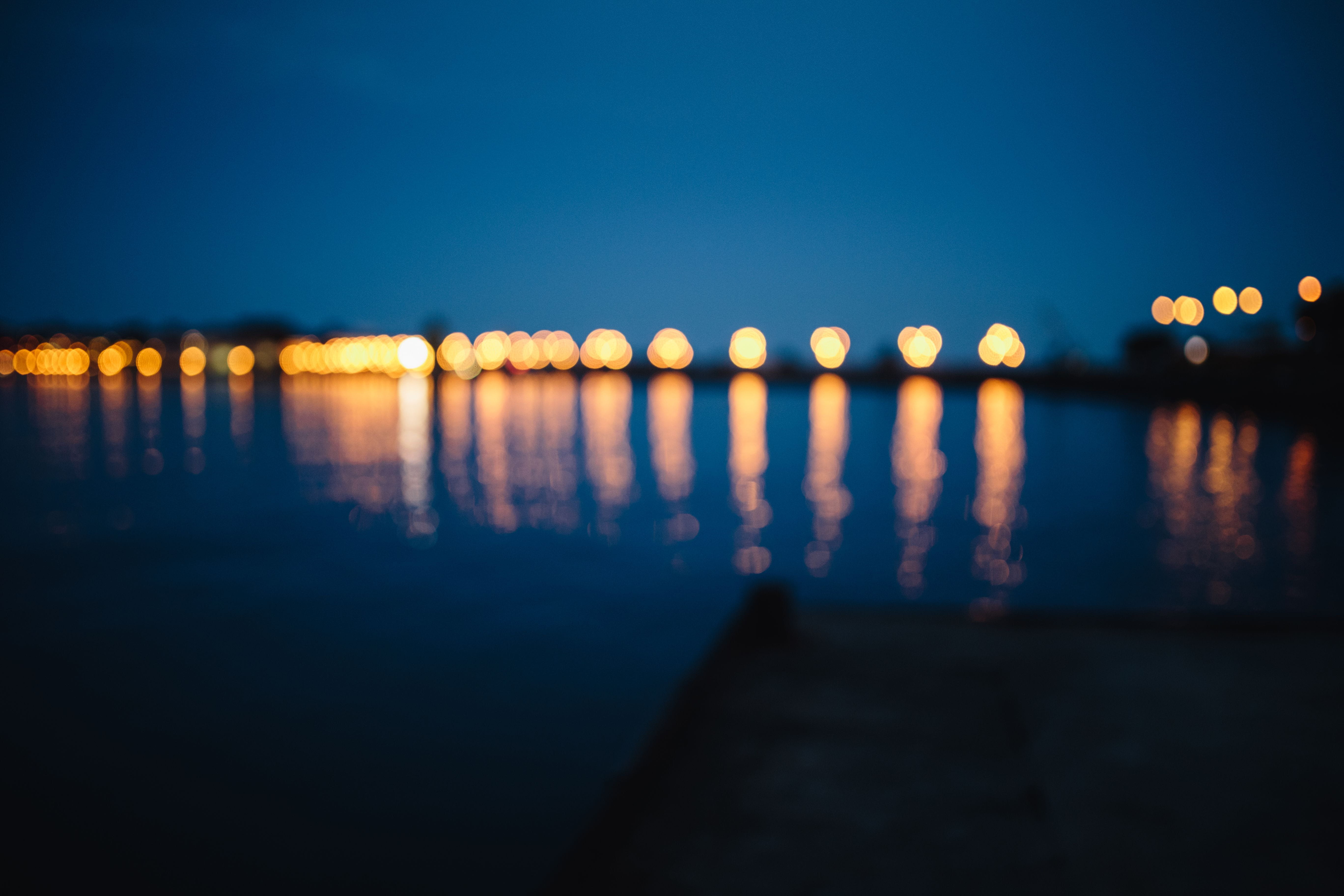 lake, Europe, tranquil scene, defocused, bulgaria, dusk, blue, pier, clear sky, City lights, no People, sky, lighting equipment, outdoors, ocean, at night, HD Wallpaper