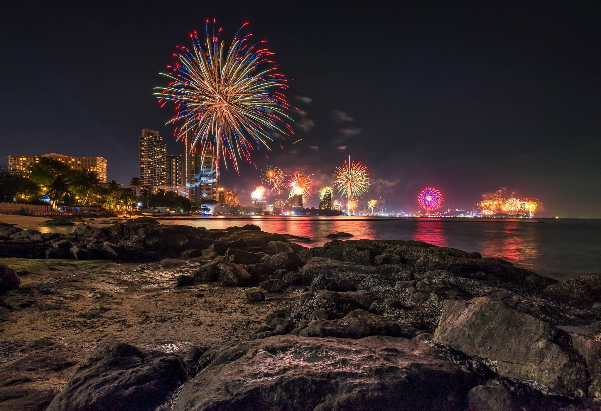 sea, Pattaya, holiday, Thailand, home, salute, the sky, stones, beach, 1080P, night, coast, lights, HD Wallpaper
