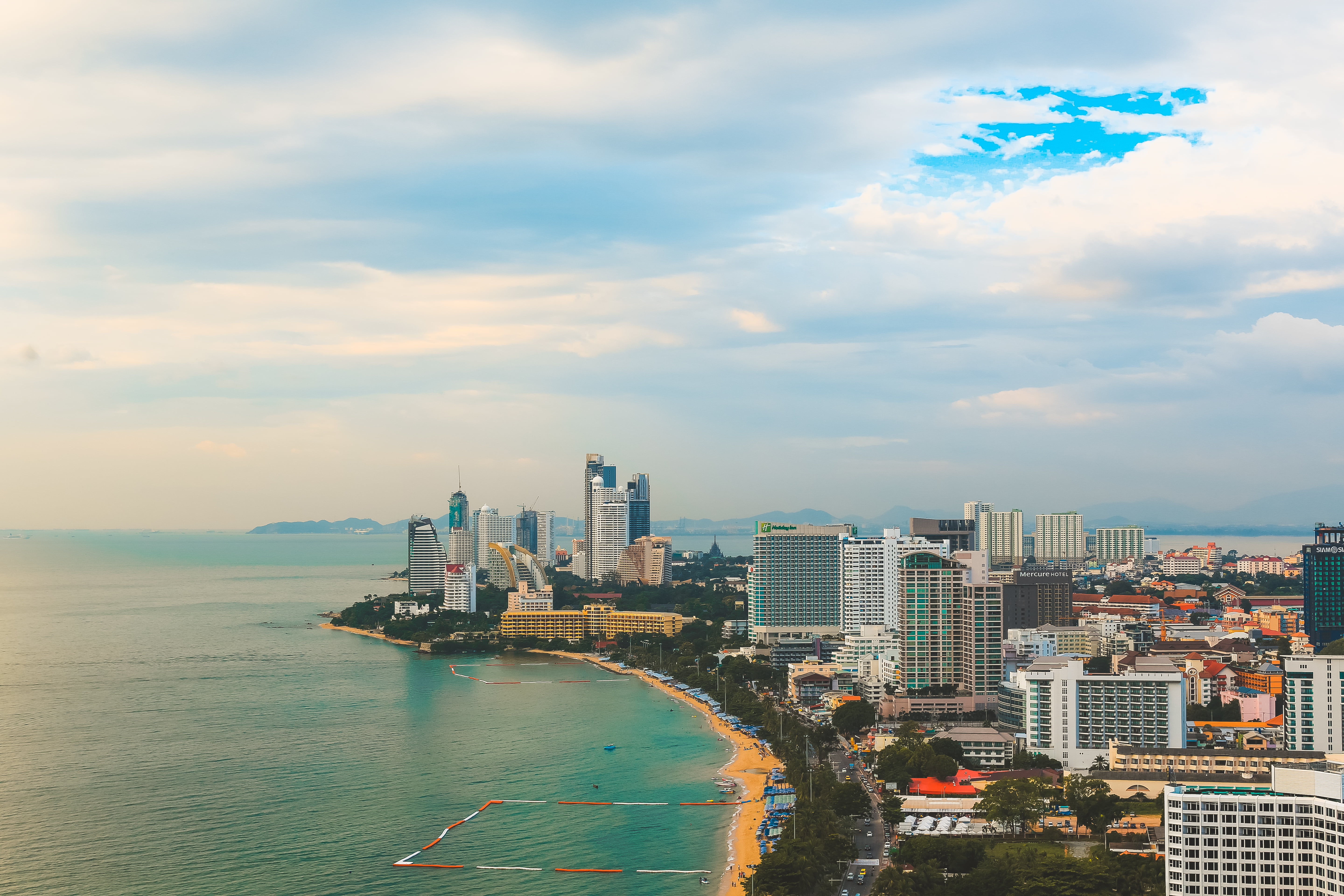 pattaya, height, sea, building, summer, architecture, island, overview, Hilton, paint, nautical vessel, cityscape, shore, 5K, stay, sun, the hotel, sunset, HD Wallpaper