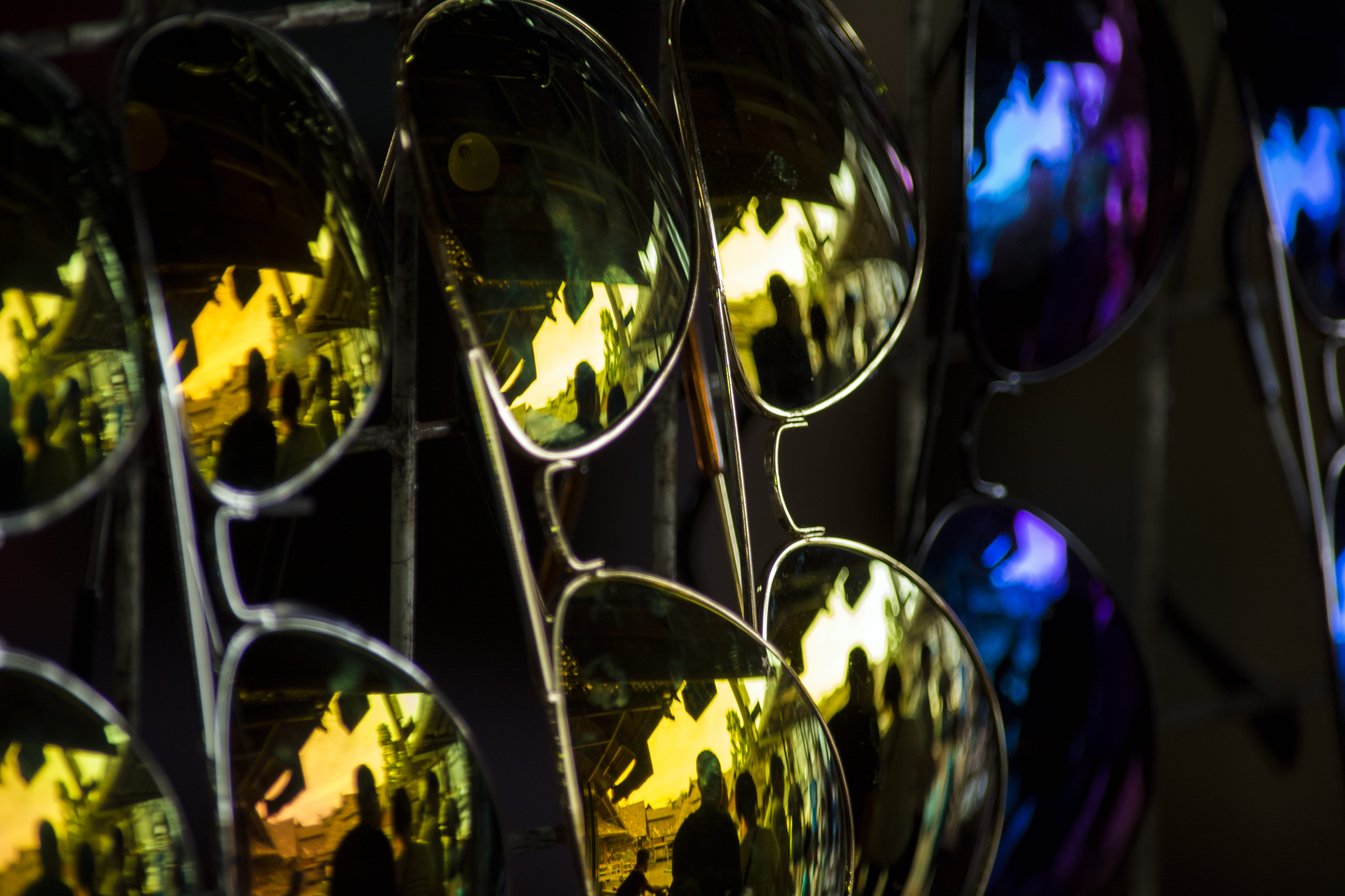 in a row, thailand, aviators, lenses, glass - material, illuminated, large group of objects, 5K, focus on foreground, circle, no people, reflection, glass, HD Wallpaper