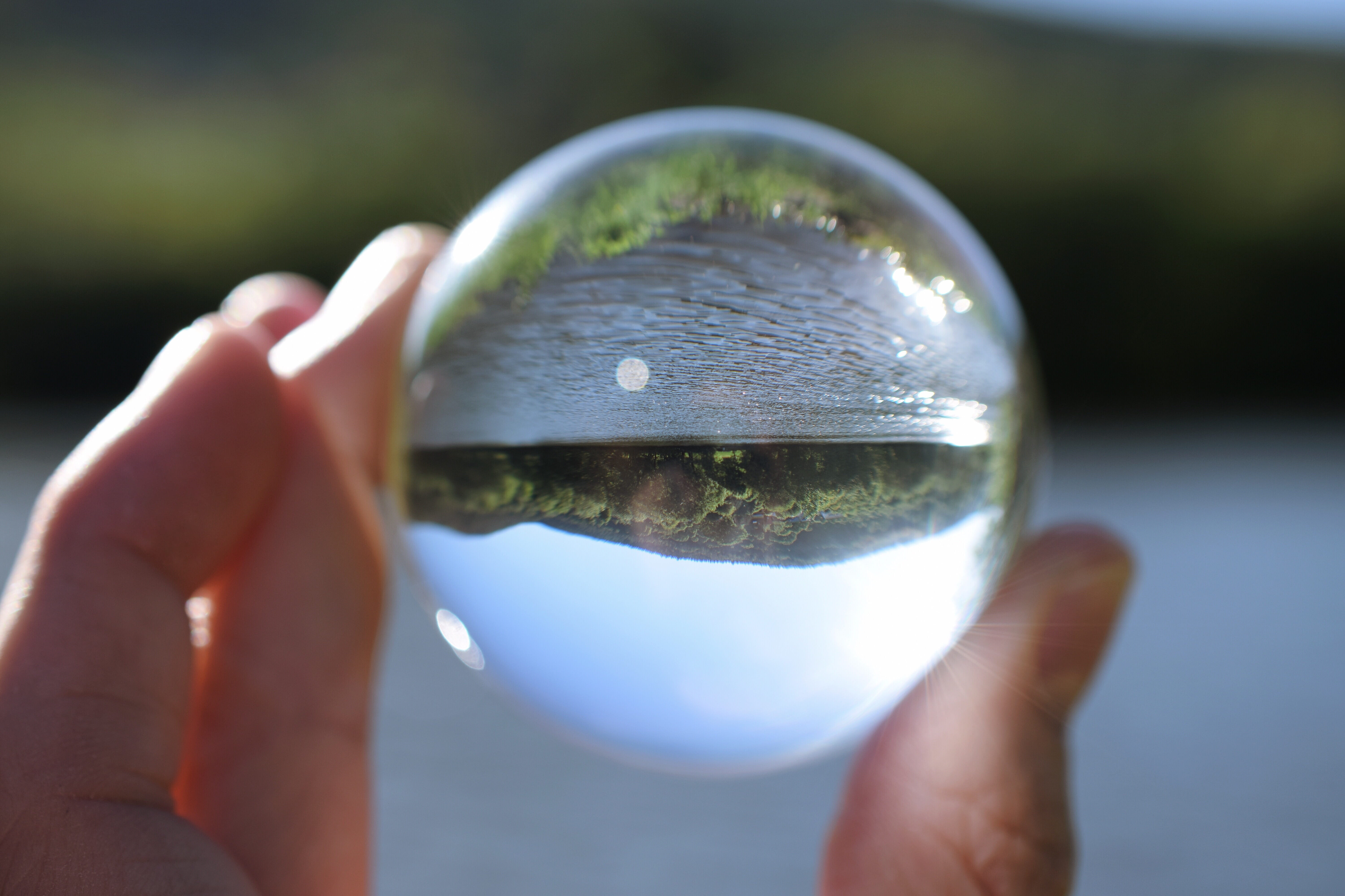 mainfranken, landscape, round, outdoor, one person, glass ball, ball, blue sky, sunday, focus on foreground, germany, glass - material, blue, mountains, HD Wallpaper