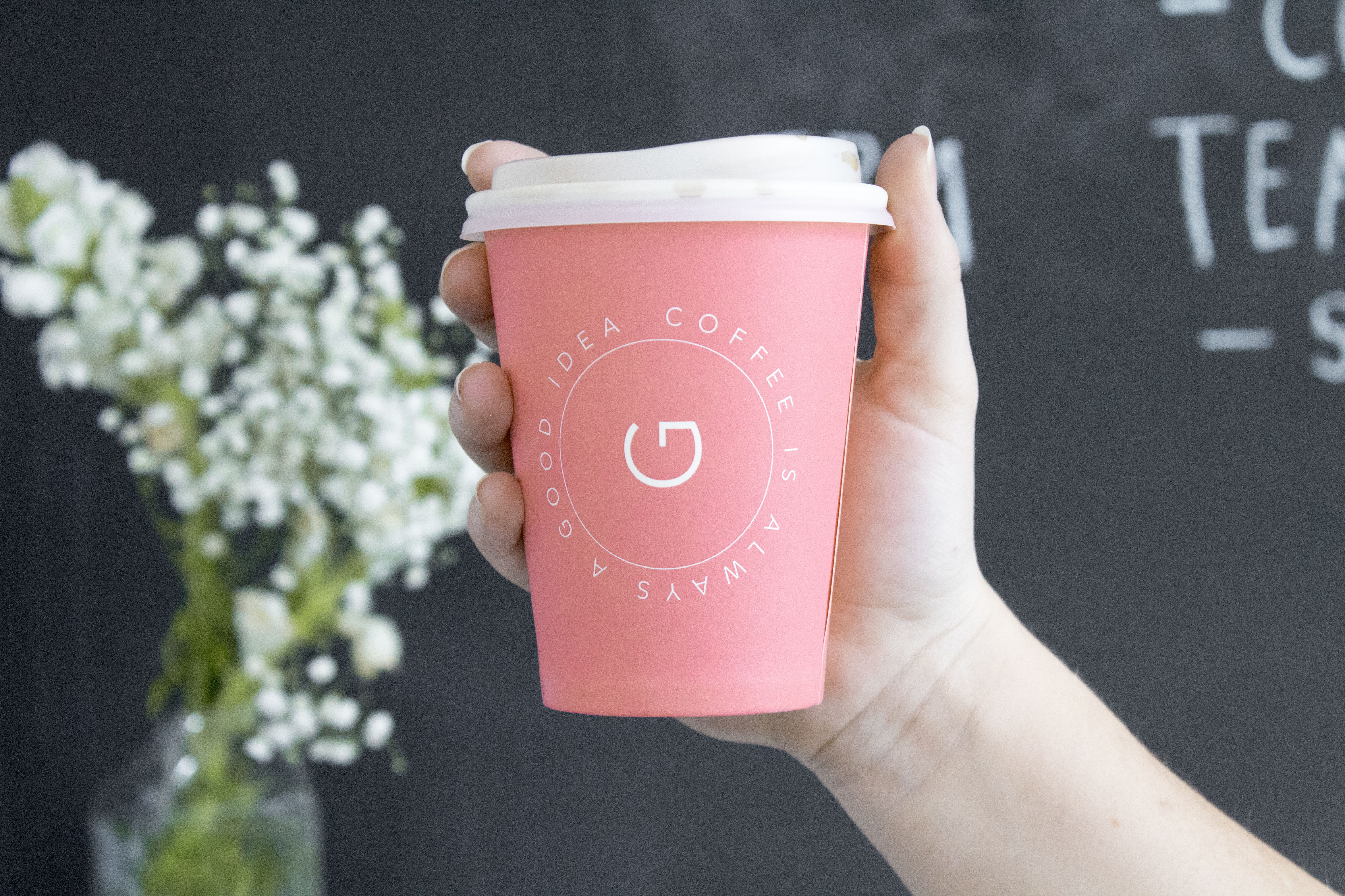 pink color, communication, finger, coffee in hand, glass, text, logo, first person, real people, hand in focus, plant, white, coffee, women, indoors, 5K, HD Wallpaper