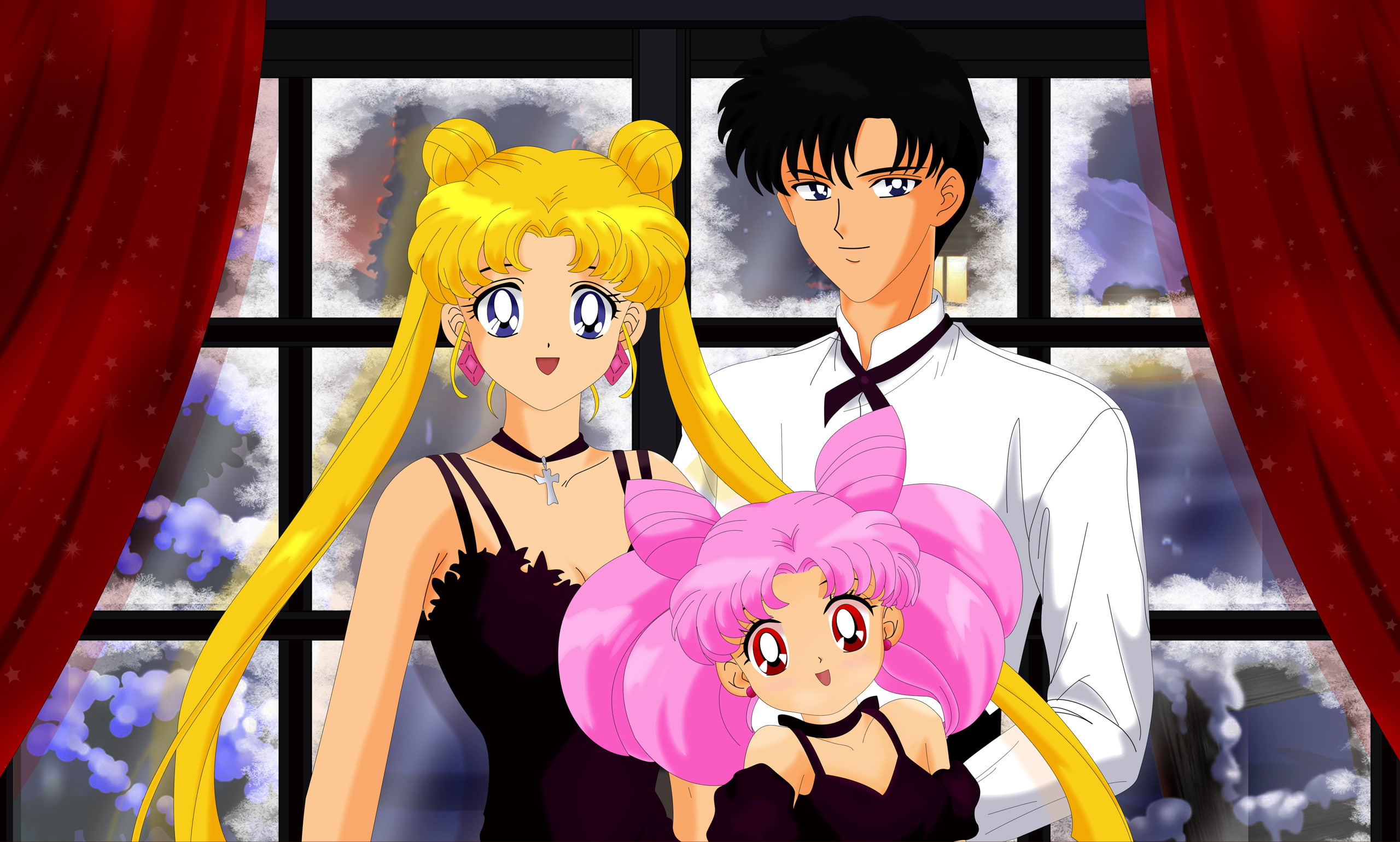2K, twintails, choker, blue, blonde, chiba, red, sailor, christmas, mamoru, moon, hair, long, short, eyes, dress, black, pink, chibiusa, HD Wallpaper