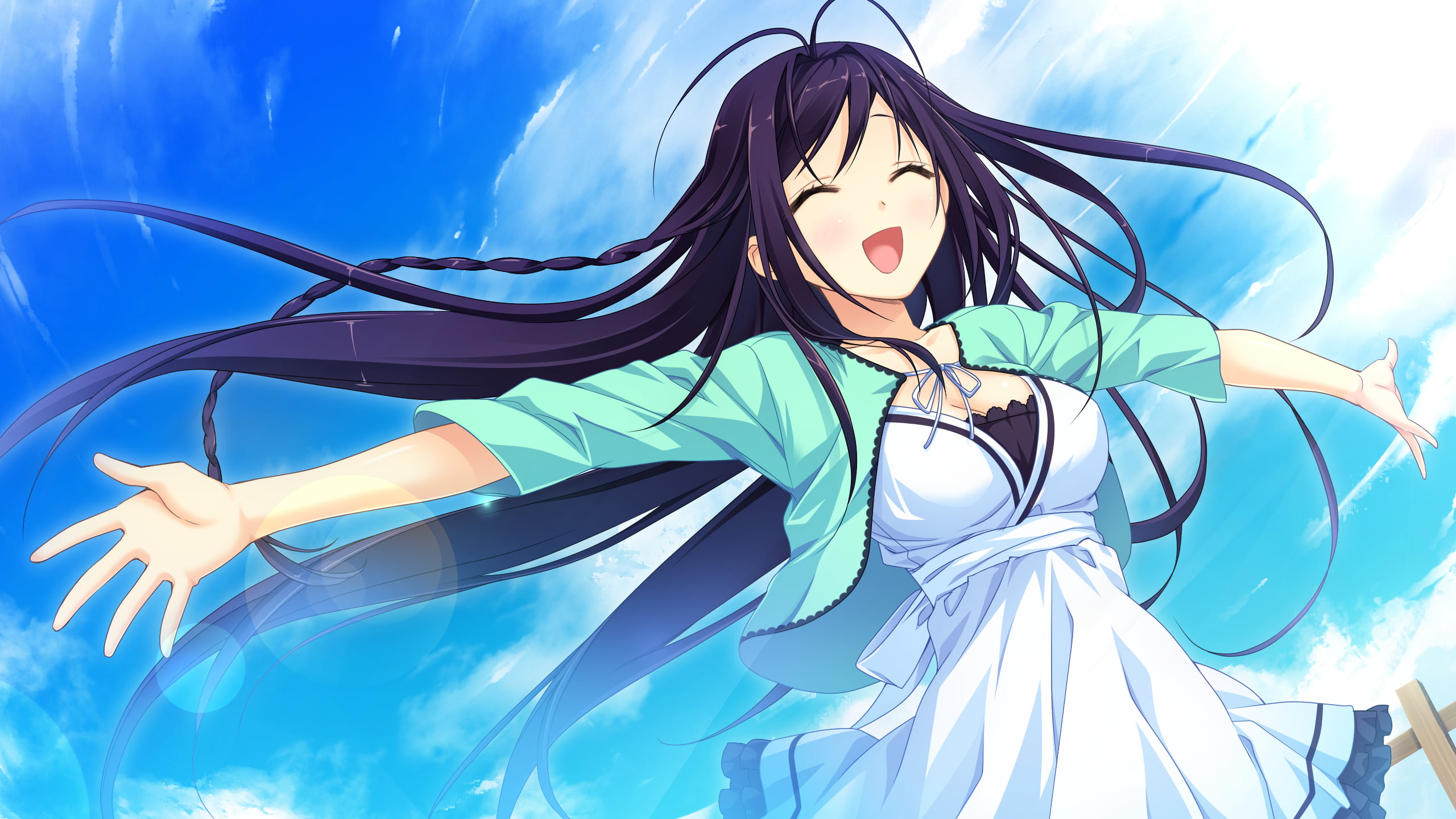 beautiful woman, real people, hairstyle, one person, Kouzaki Umi, women, sky, front view, nature, adult, wind, low angle view, young adult, blue, day, anime girls, HD Wallpaper