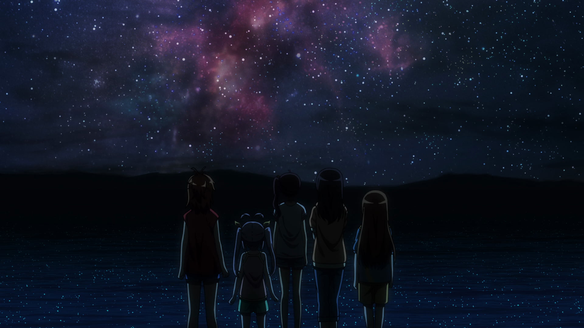 night sky, Miyauchi Renge, Ichijou Hotaru, Natsumi Koshigaya, Non Non Biyori, Koshigaya Komari, Koshigaya Natsumi, Aoi Niizato, 1080P, sea, HD Wallpaper
