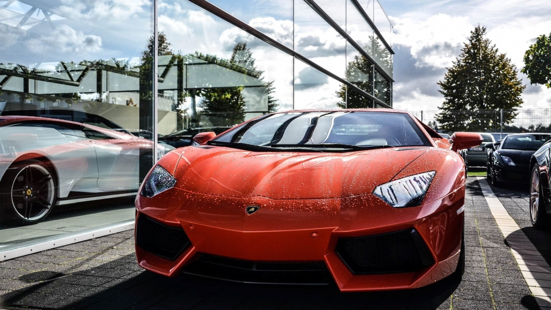 sidewalk, transportation, city, outdoors, wheel, luxury, Lamborghini, retro styled, red, day, no people, land vehicle, vintage car, tree, 1080P, sky, cloud - sky, HD Wallpaper