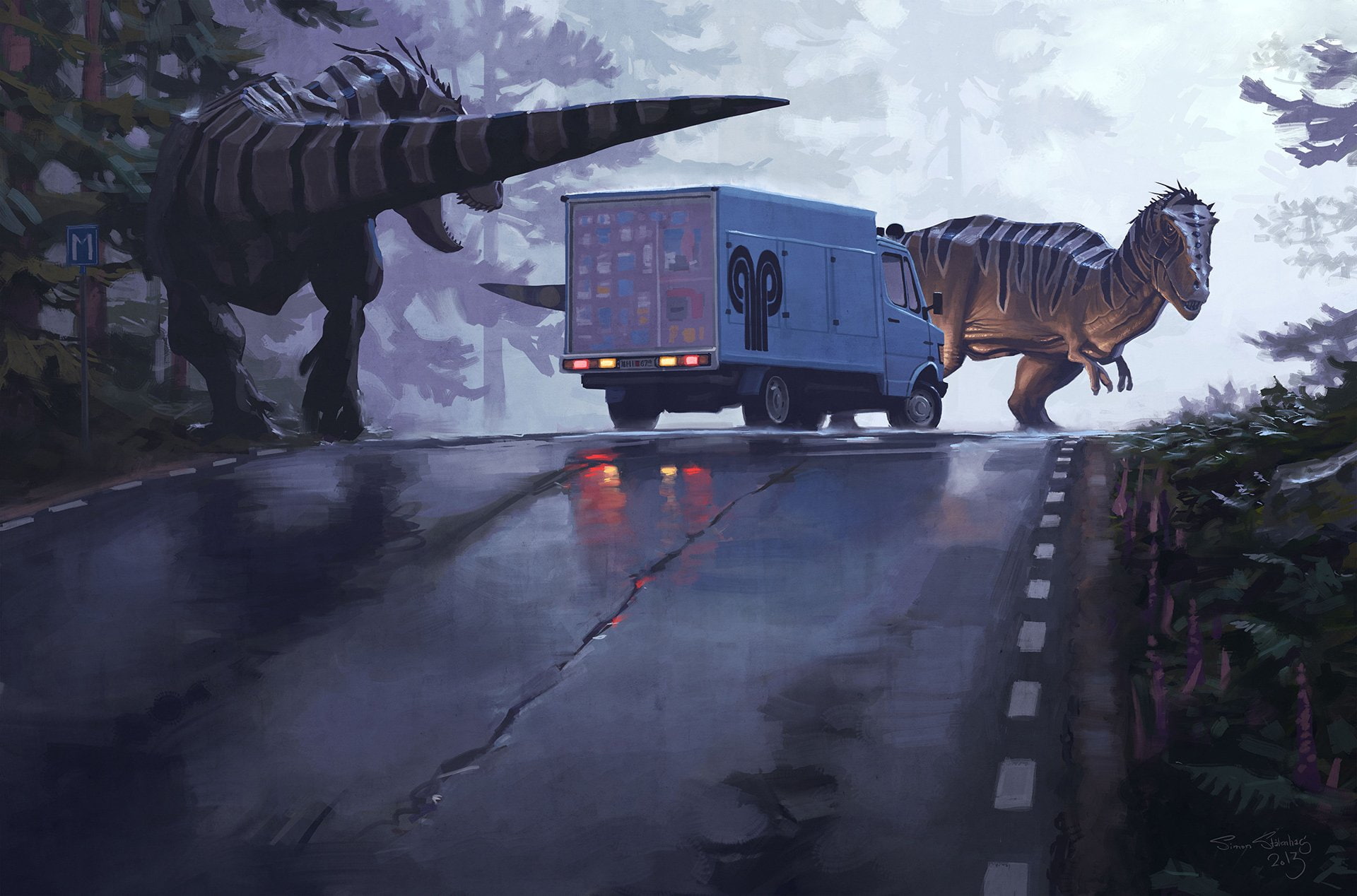 motor vehicle, fantasy, outdoors, nature, simon, mode of transportation, Truck, holding, 1080P, land vehicle, business, Stalenhag, transportation, working, HD Wallpaper