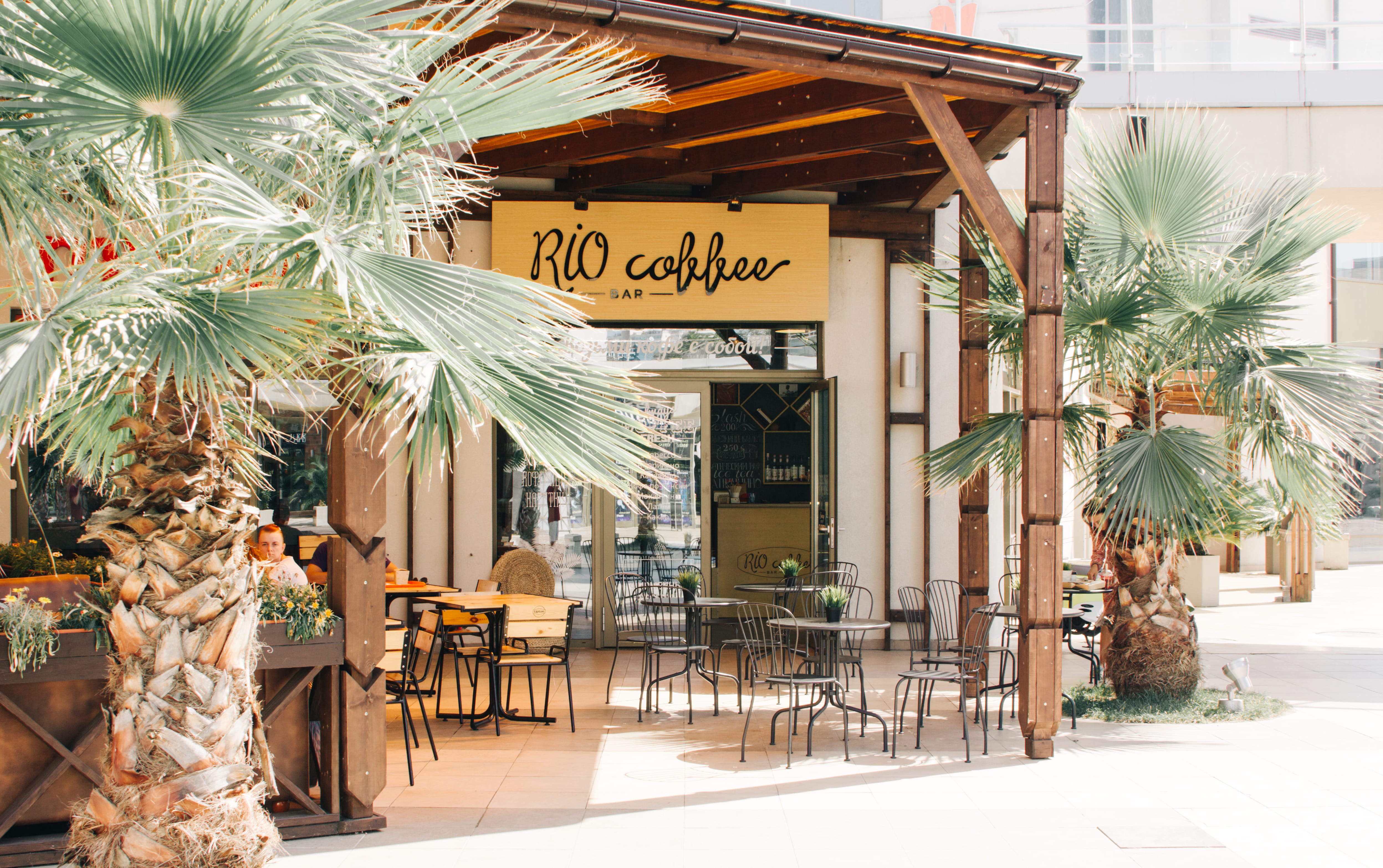 door, cafeteria, wood, building exterior, rio, plant, text, architectural column, entrance, plants, building, daylight, coffee shop, outdoors, café, palms, HD Wallpaper