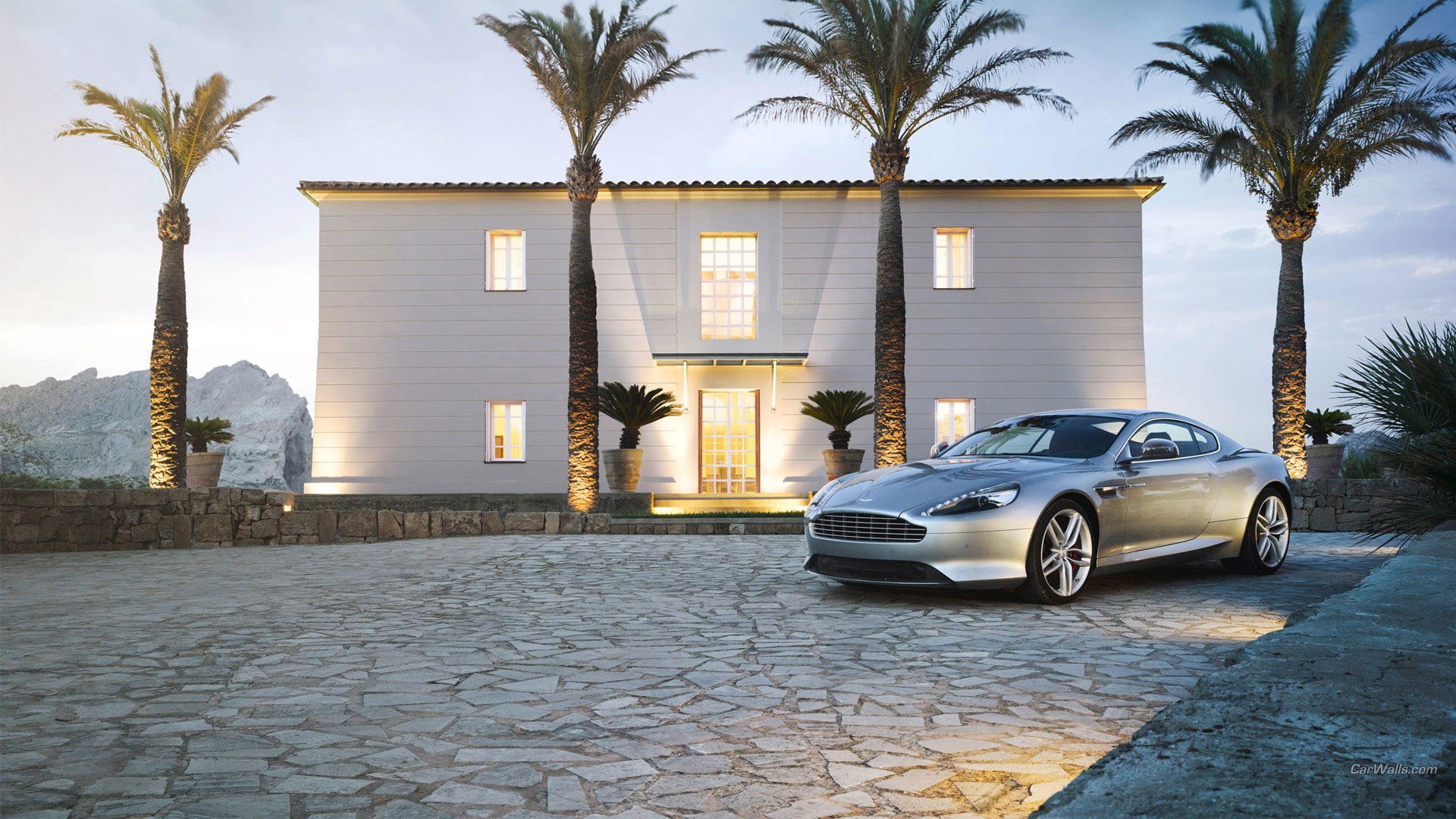 palm tree, motor vehicle, tropical climate, parking, built structure, footpath, day, architecture, tree, land vehicle, Aston Martin DB9, mode of transportation, HD Wallpaper