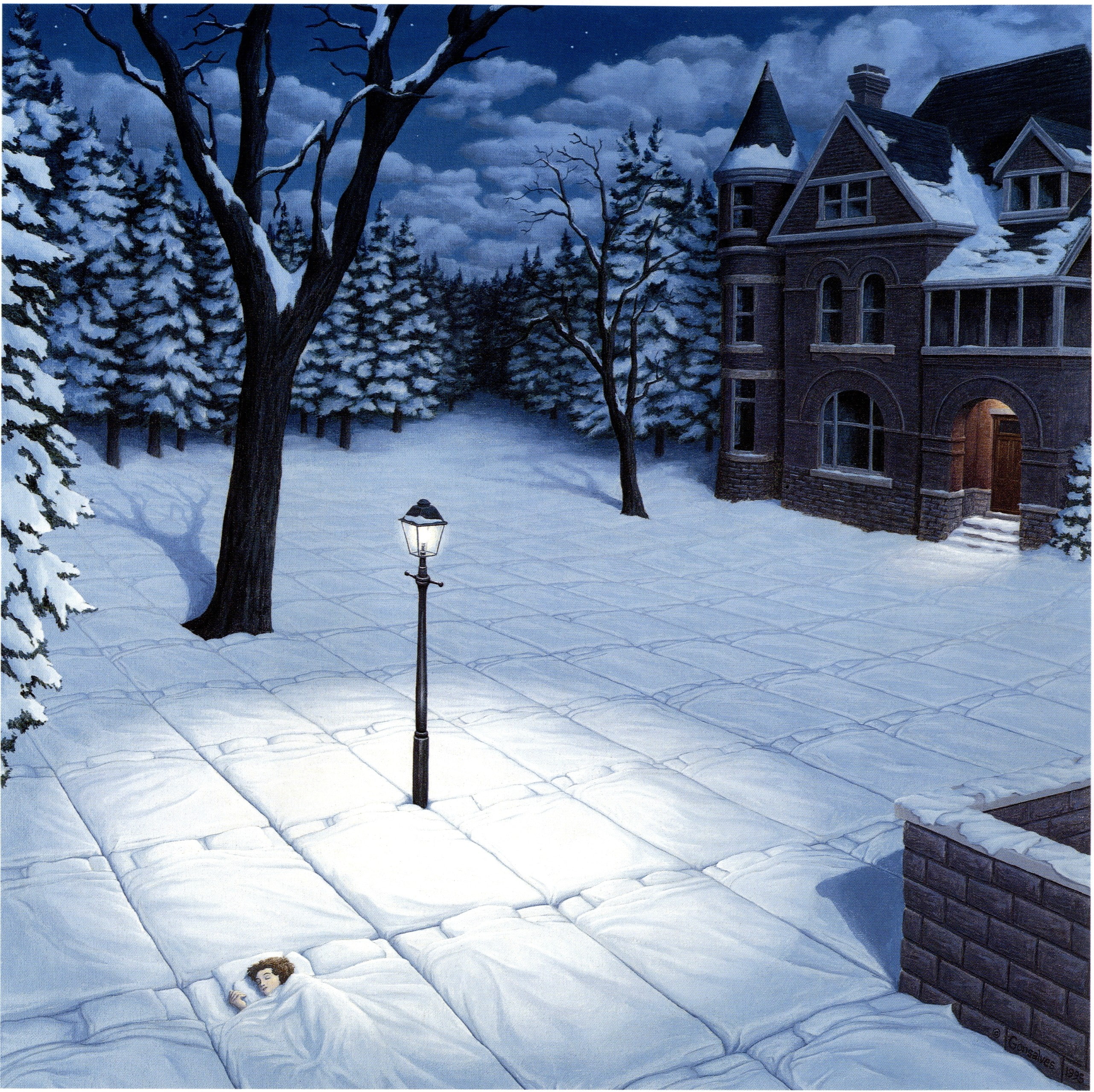 tree, 2K, winter, cold temperature, artwork, building exterior, sleeping, footpath, street, no people, building, nature, architecture, street light, snow, HD Wallpaper