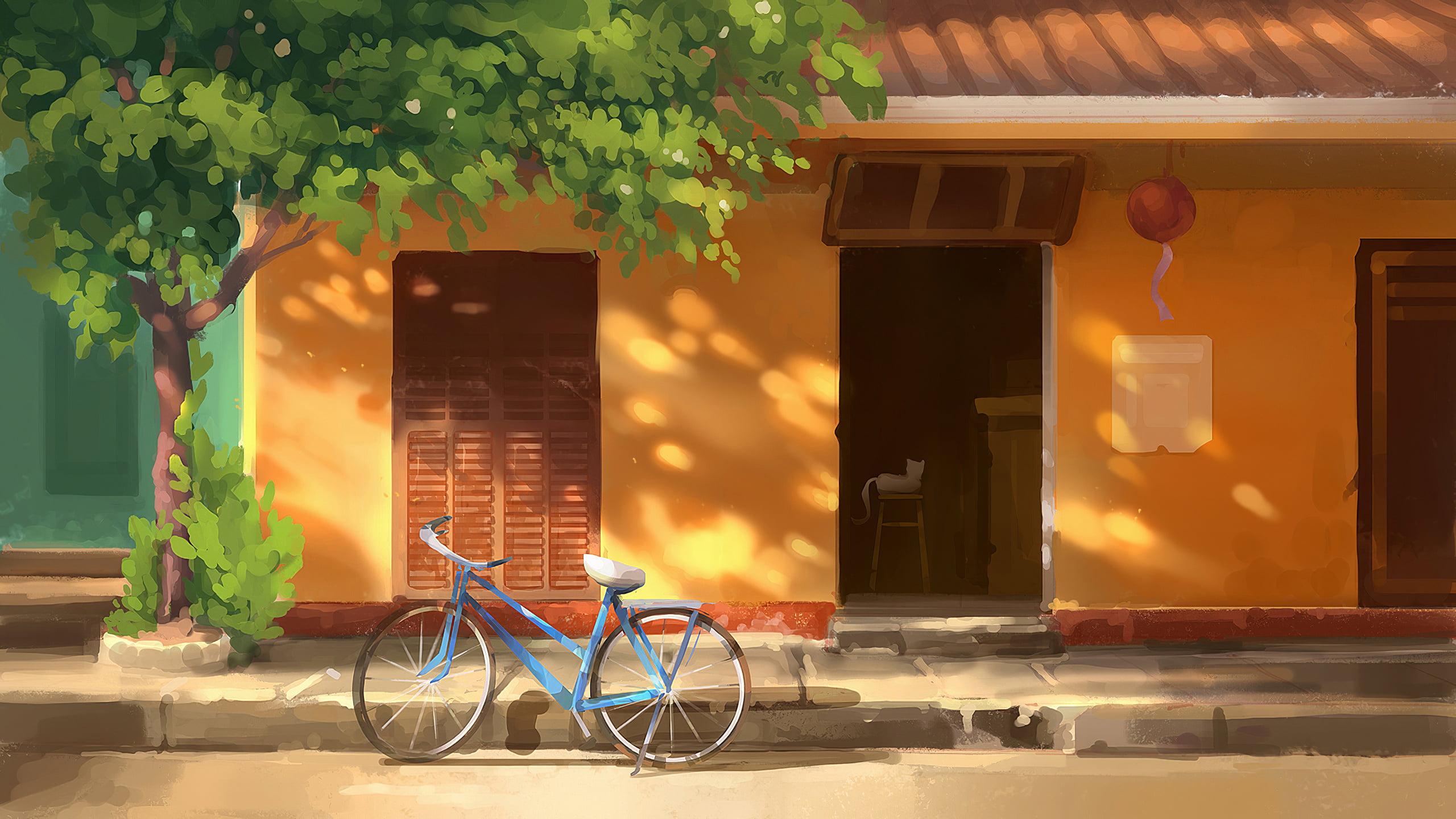 bicycle, road, artwork, painting, town, sidewalks, 2K, street, trees, wall, digital art, door, pavements, HD Wallpaper