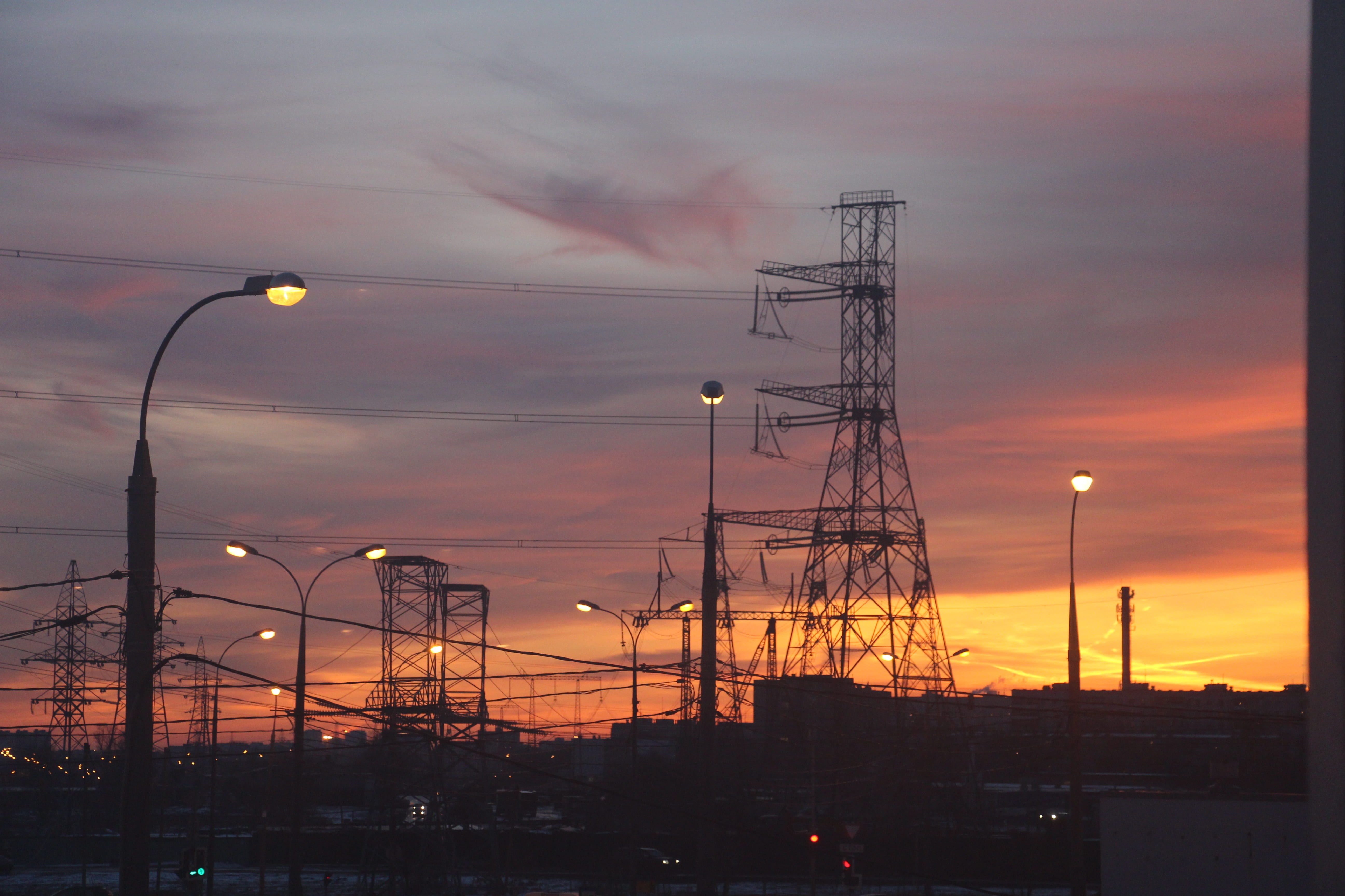 wire, stab, electricity, cable, post, electrical equipment, station, no people, electric power, pollution, cloud - sky, built structure, inzheniriya, sunset, HD Wallpaper