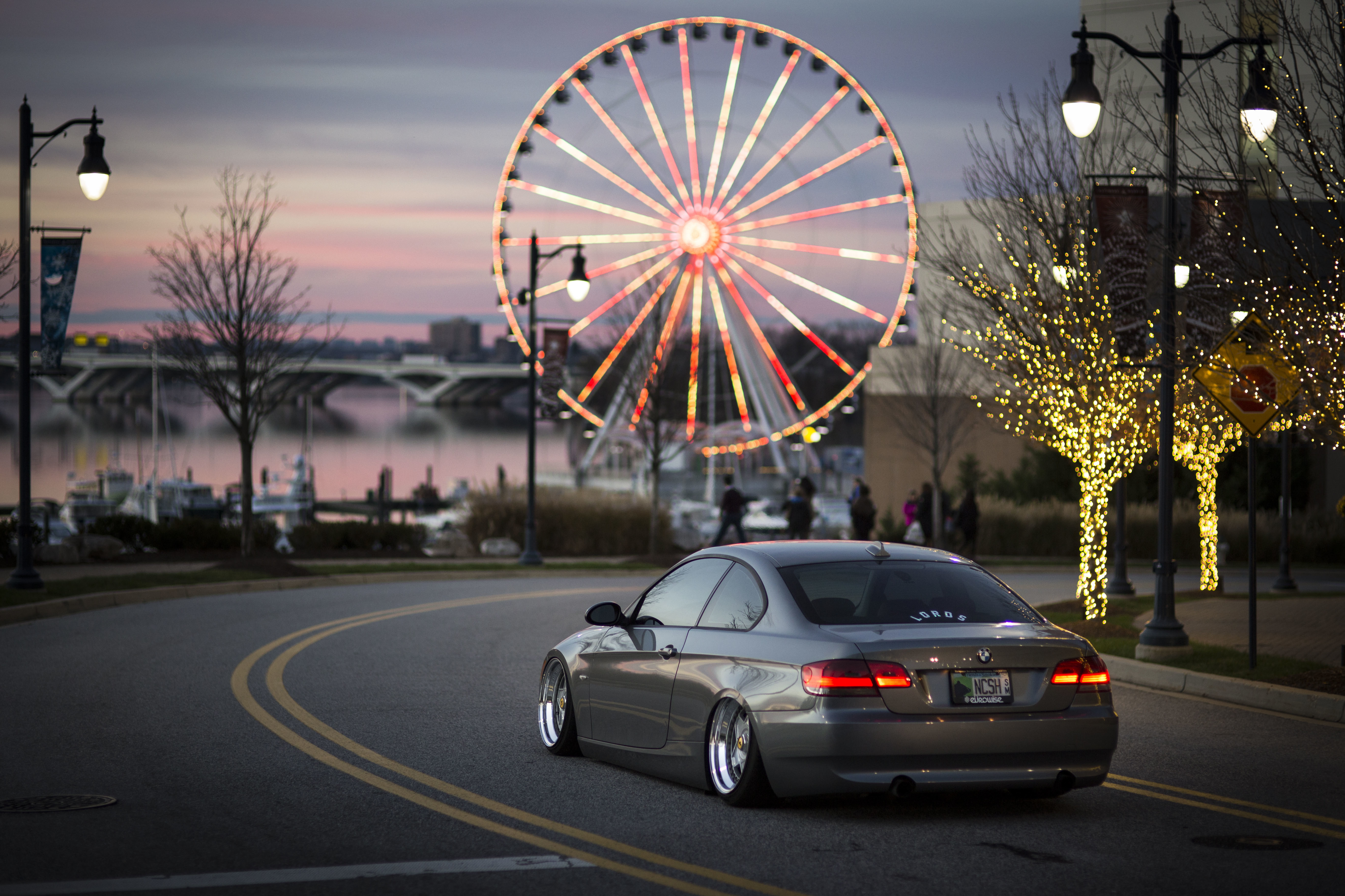people, 5K, Marina, back, boats, lampposts, silver, tail lights, coupe, BMW, Ferris wheel, street, river, 335i, bridge, the city, Christmas, wheel, branch, HD Wallpaper