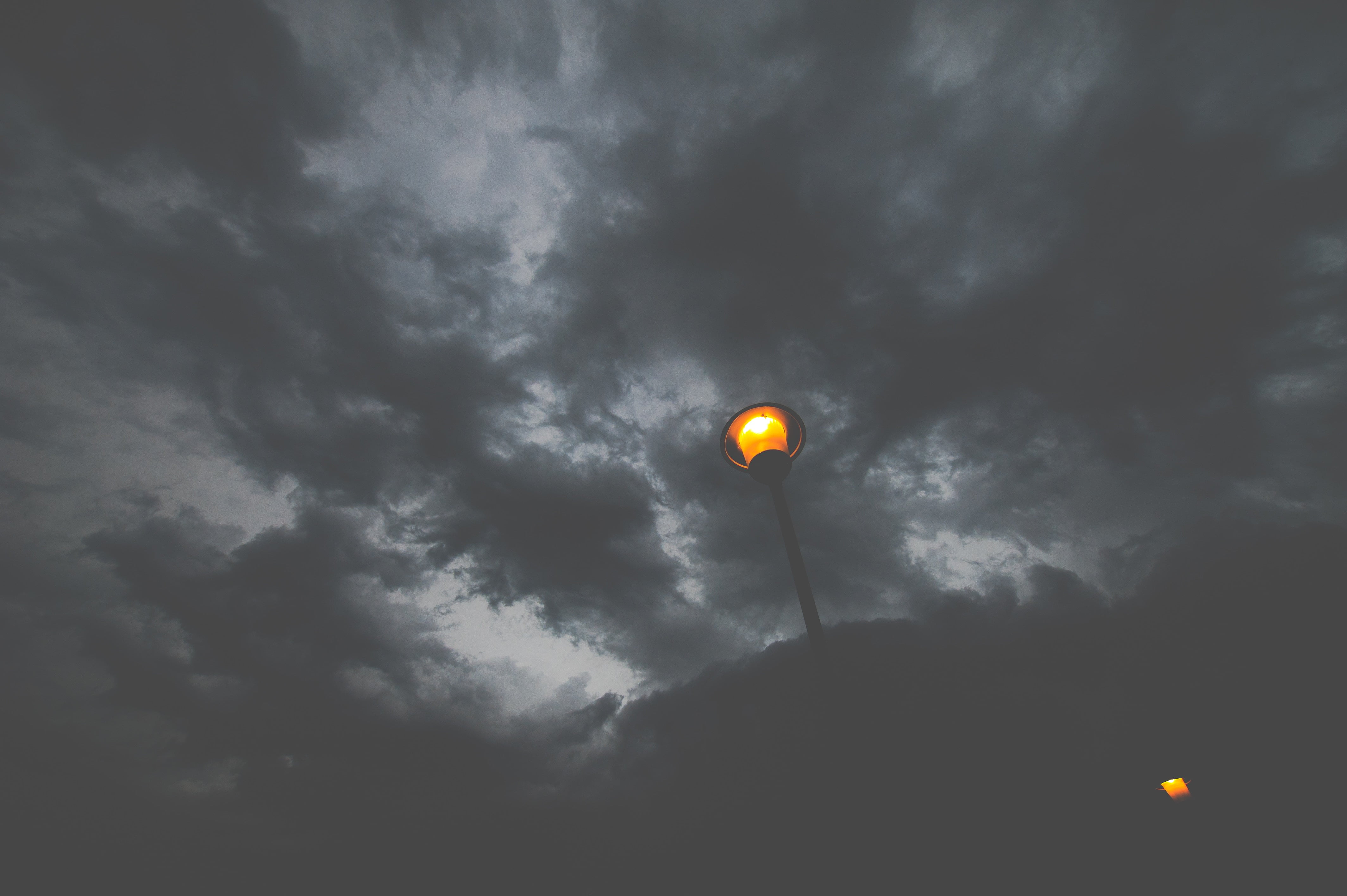 moon, overcast, outdoors, scenics - nature, dusk, air, no people, sky, orange color, travel, 4K, two, low angle view, clouds, mid-air, lampposts, backgrounds, HD Wallpaper