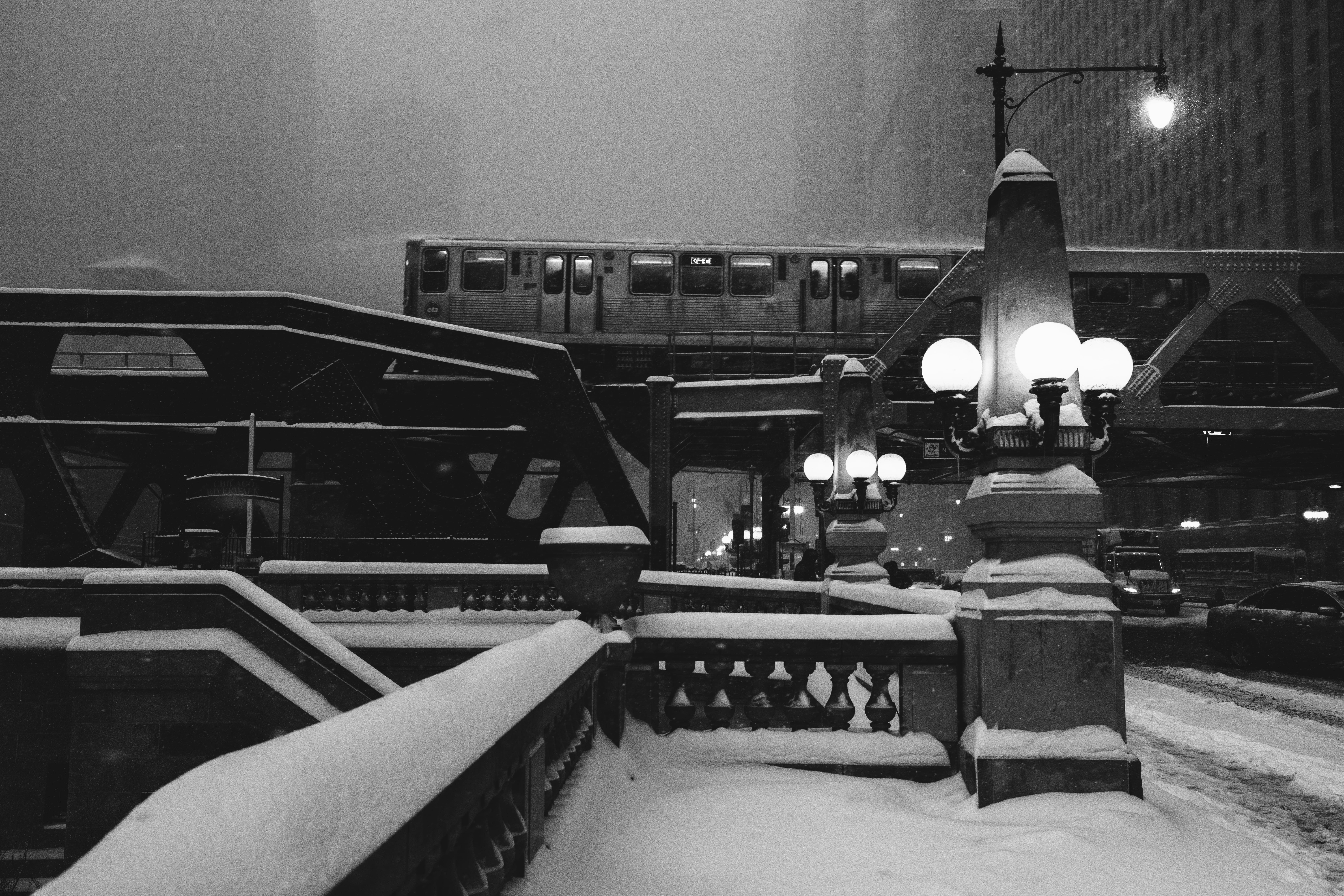 light, electric light, lamp, grayscale, vehicle, city, train station, black and white, buildings, train, cold temperature, water, built structure, balustrade, HD Wallpaper