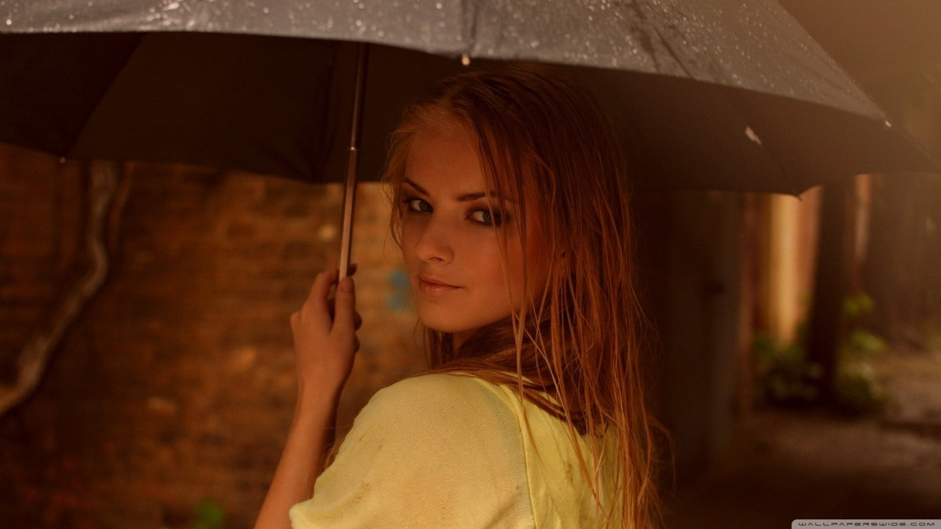 rain, long hair, brown hair, side view, portrait, one person, beauty, wet hair, looking back, looking, young adult, protection, yellow sweater, beautiful woman, HD Wallpaper