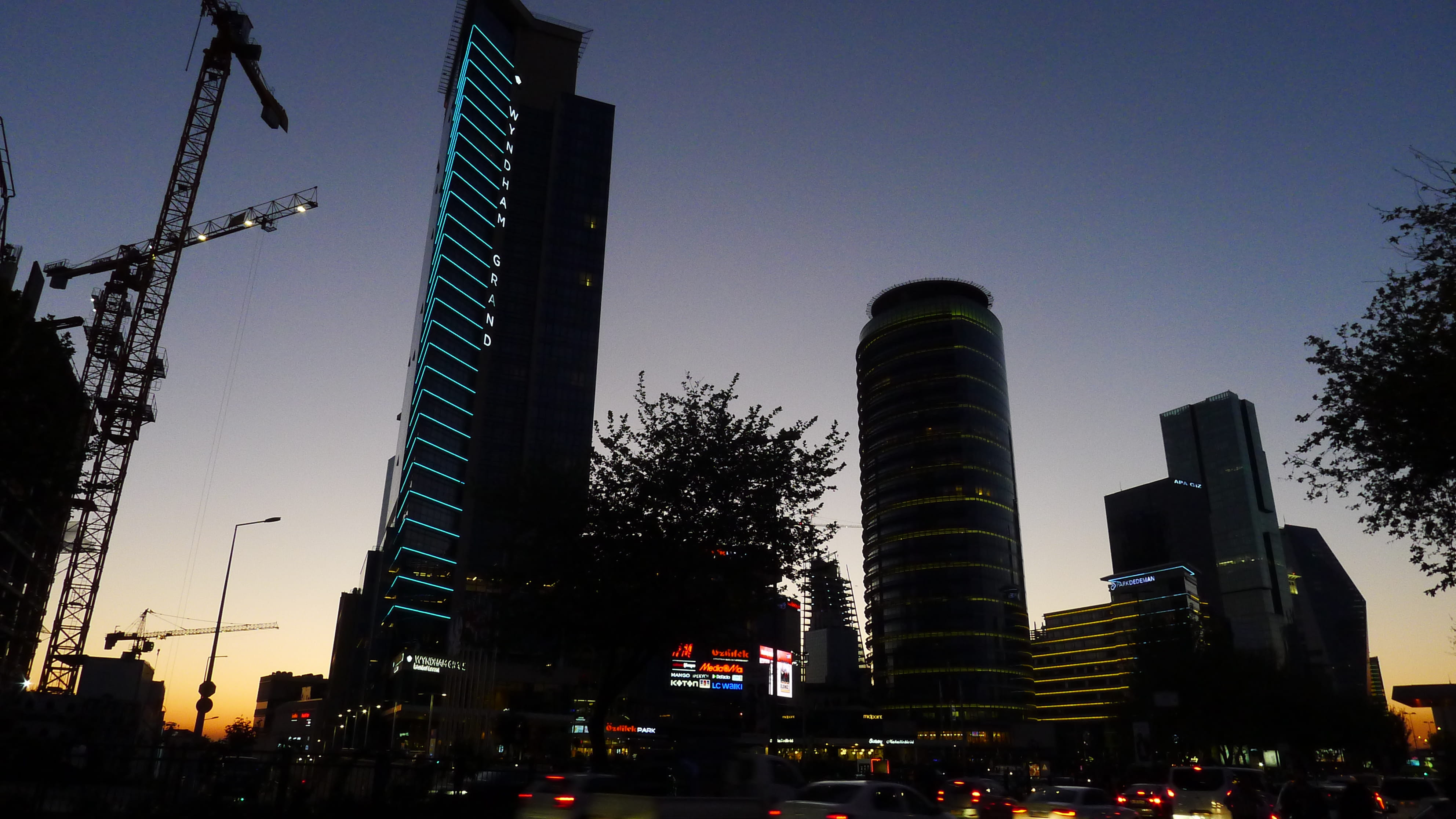 low angle view, illuminated, office building exterior, plant, 4K, skyscrapper, architecture, tree, sky, nature, tall - high, building exterior, modern, HD Wallpaper