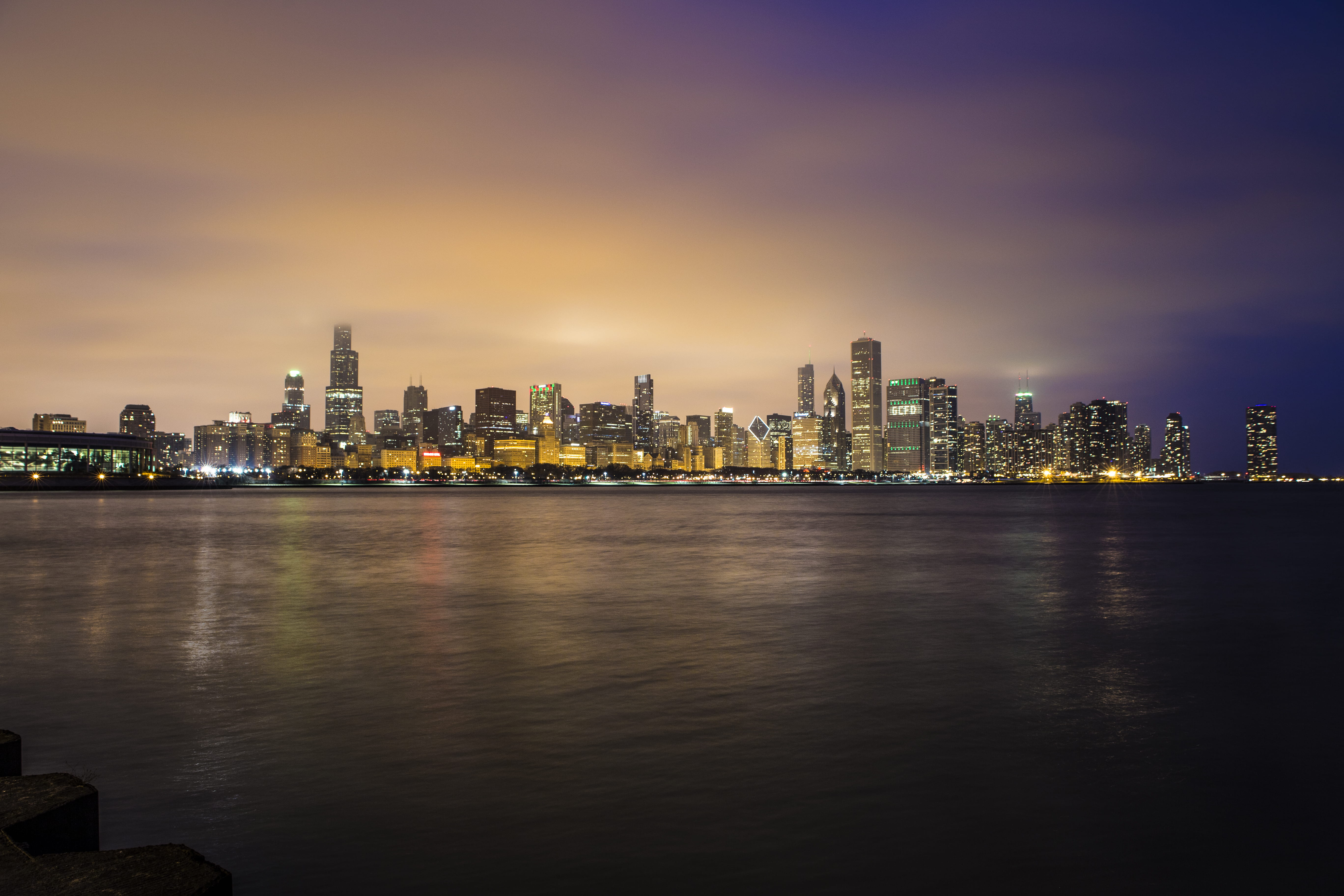 photography, sunset, 5K, sky, travel destinations, golden hour, skyscraper, reflection, skyline, water, light, nighttime, near, body, city, lake michigan, HD Wallpaper
