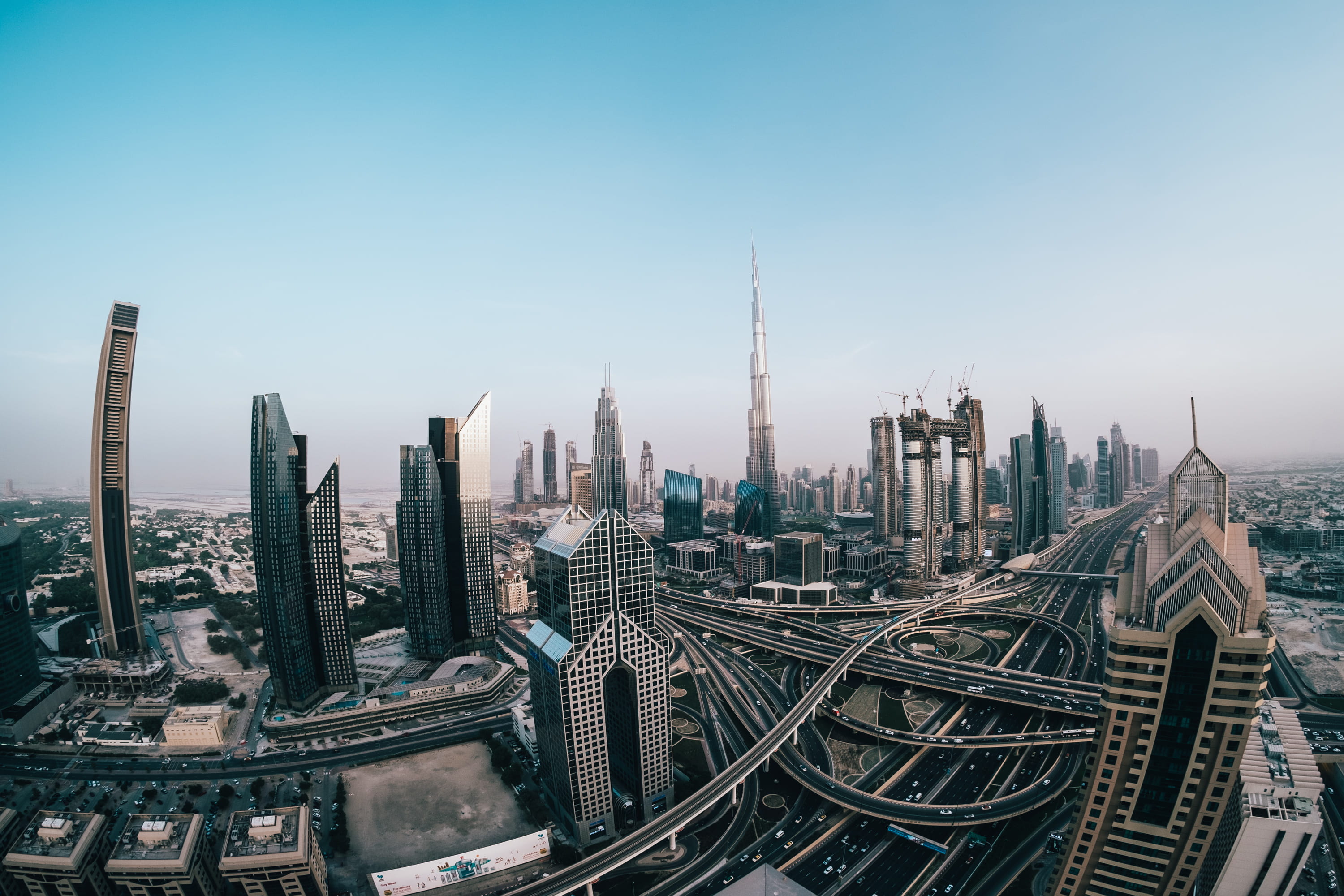 buildings, fisheye, multiple lane highway, modern architecture, architecture, road, modern, tower, built structure, brown, mode of transportation, skyscraper, HD Wallpaper