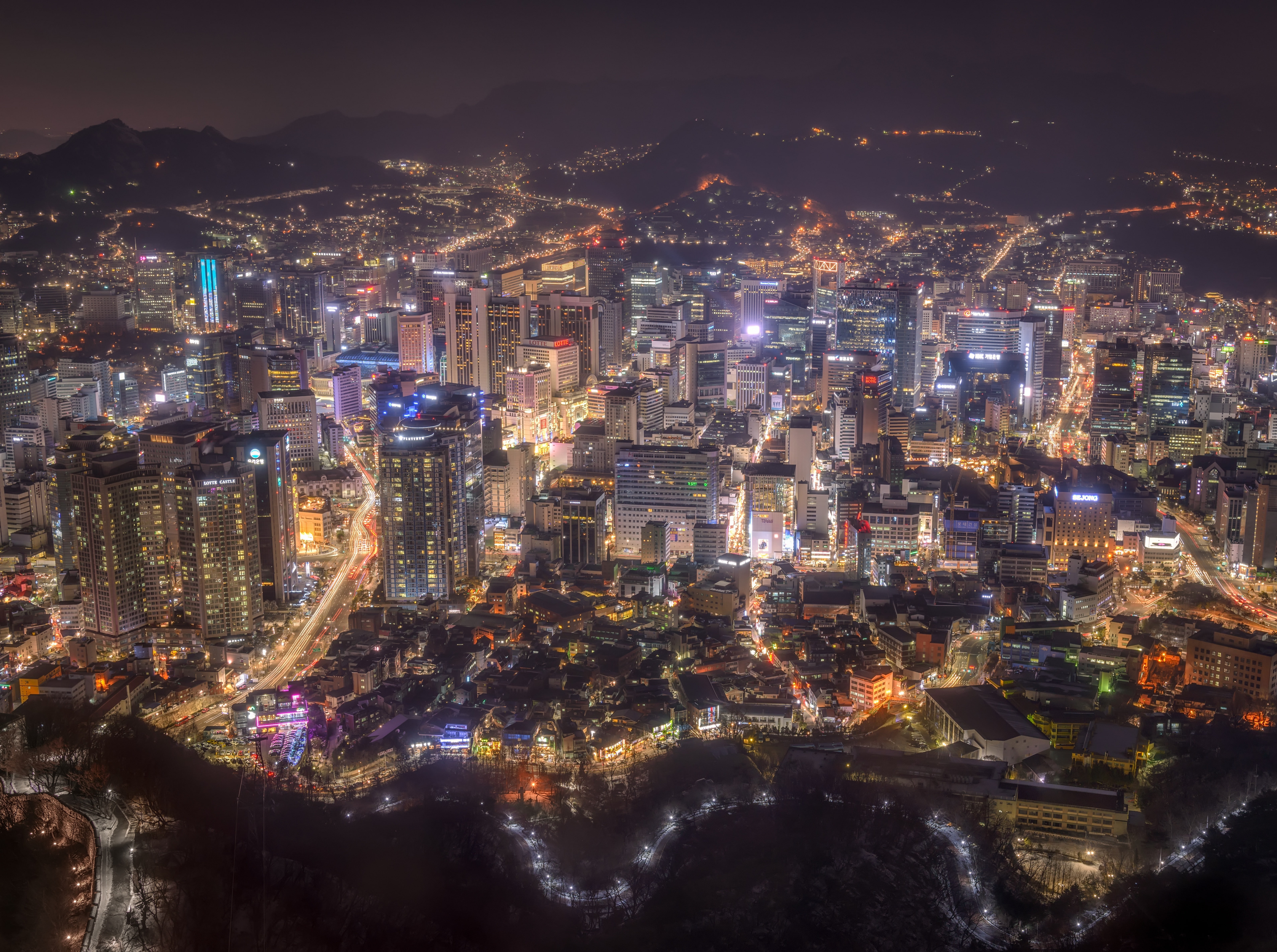 crowded, building exterior, Buildings, southkorea, skyscraper, building, South, glowing, city life, financial district, high angle view, gray, outdoors, HD Wallpaper