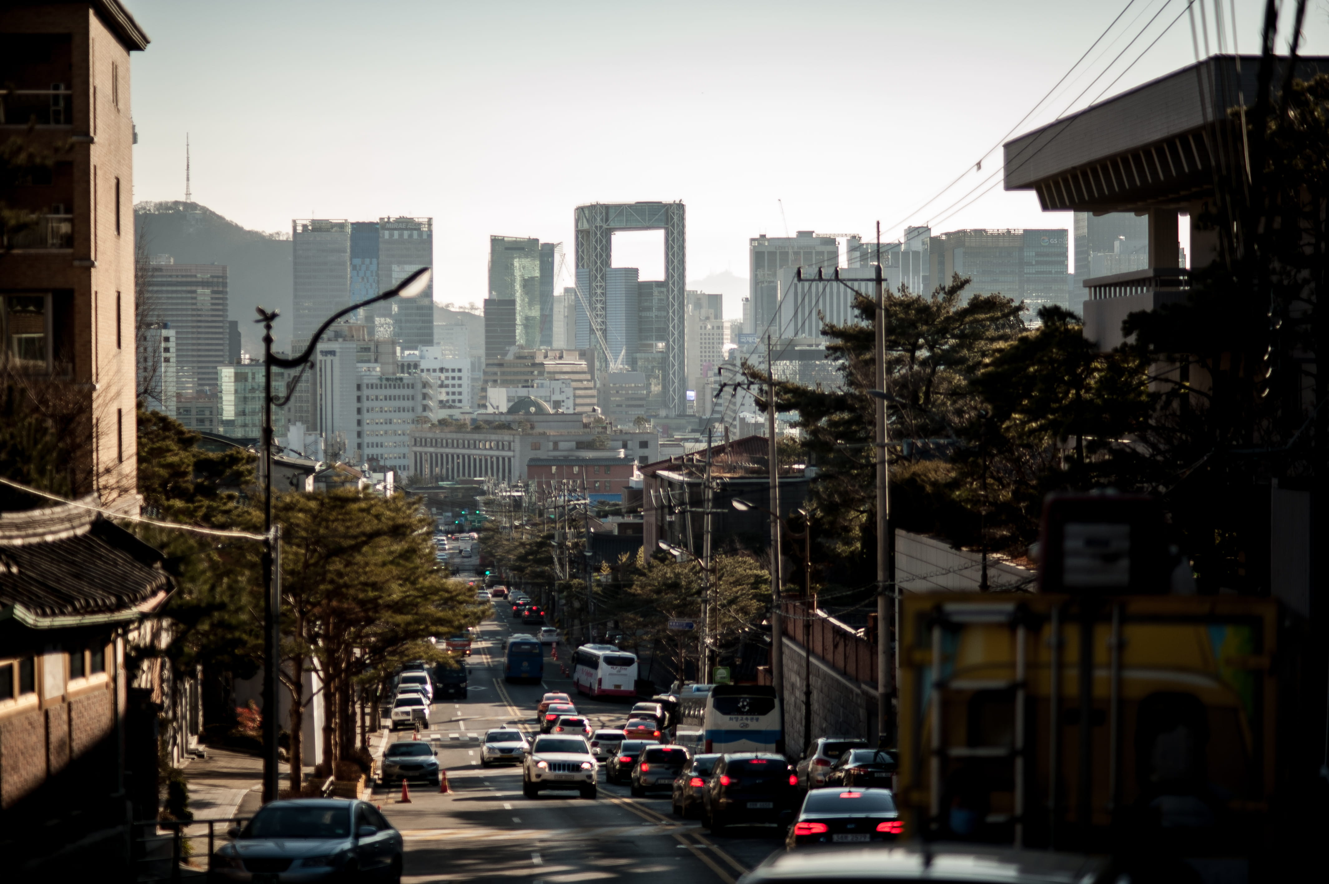 travel, traffic, sky, seoul, car, city street, motor vehicle, mode of transportation, tree, korea, no people, transportation, city life, tower, skyscraper, HD Wallpaper