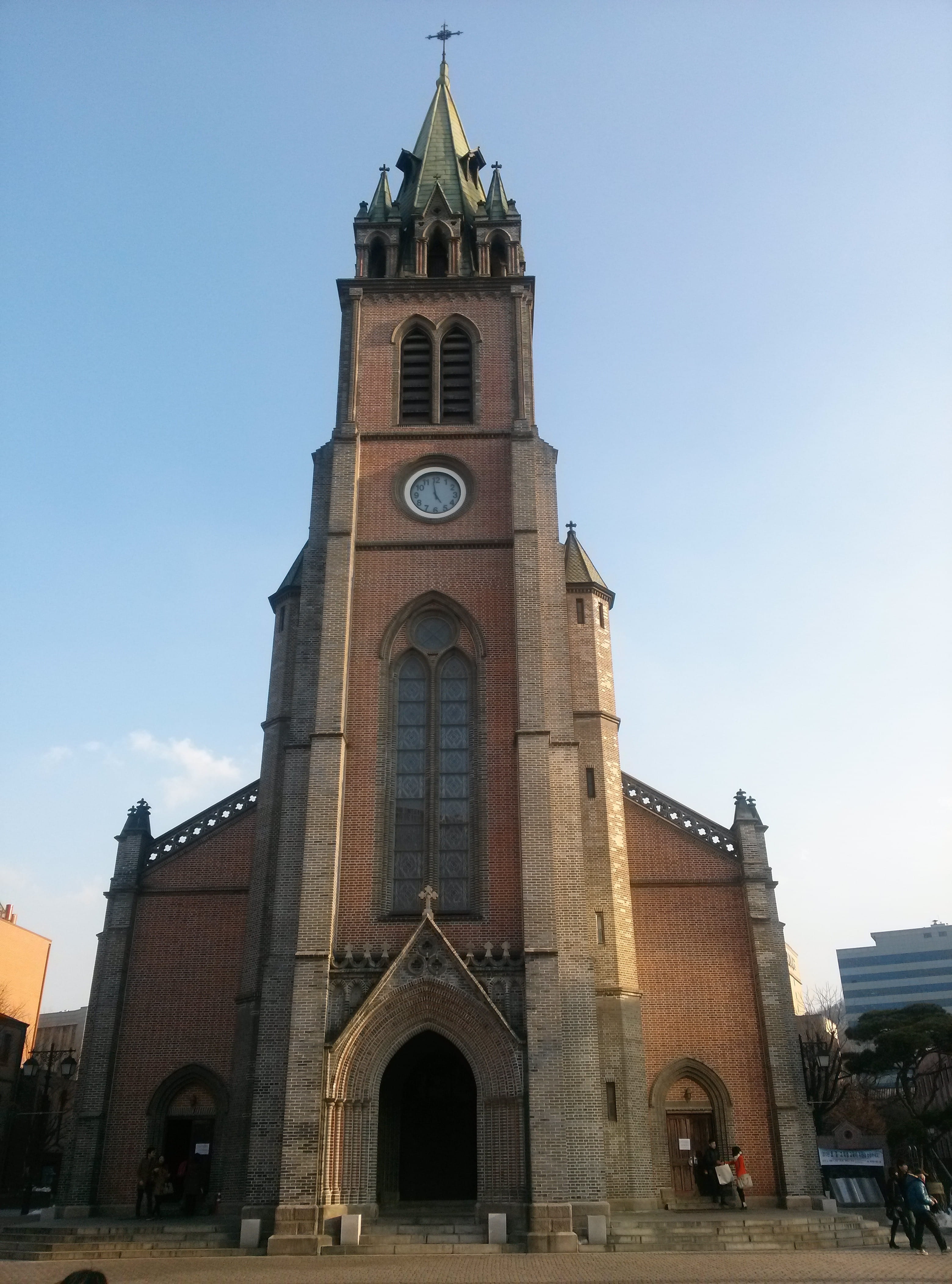 old buildings, spirituality, religion, day, spire, place of worship, clock tower, no people, facade, Myeongdong Cathedral, Seoul, belief, 4K, clock, cathedral, Phone HD Wallpaper