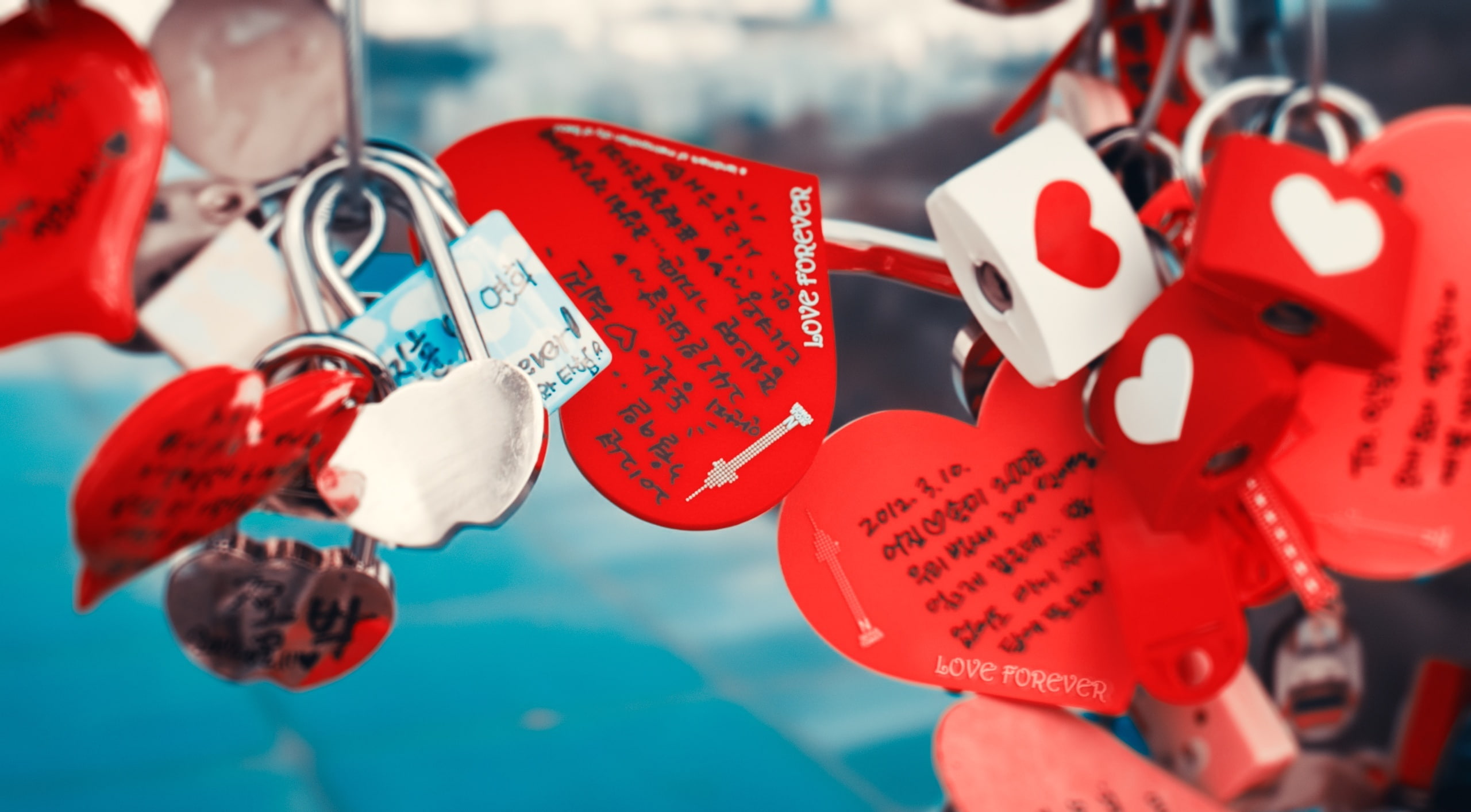 Seoul, nseoultower, script, seoultower, Asia, luck, communication, heart shape, large group of objects, South, hanging, focus on foreground, 2K, close-up, HD Wallpaper